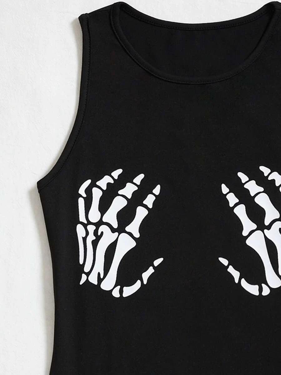 Skeleton Hand Print Tank Bodysuit-Comfy Jumpsuits