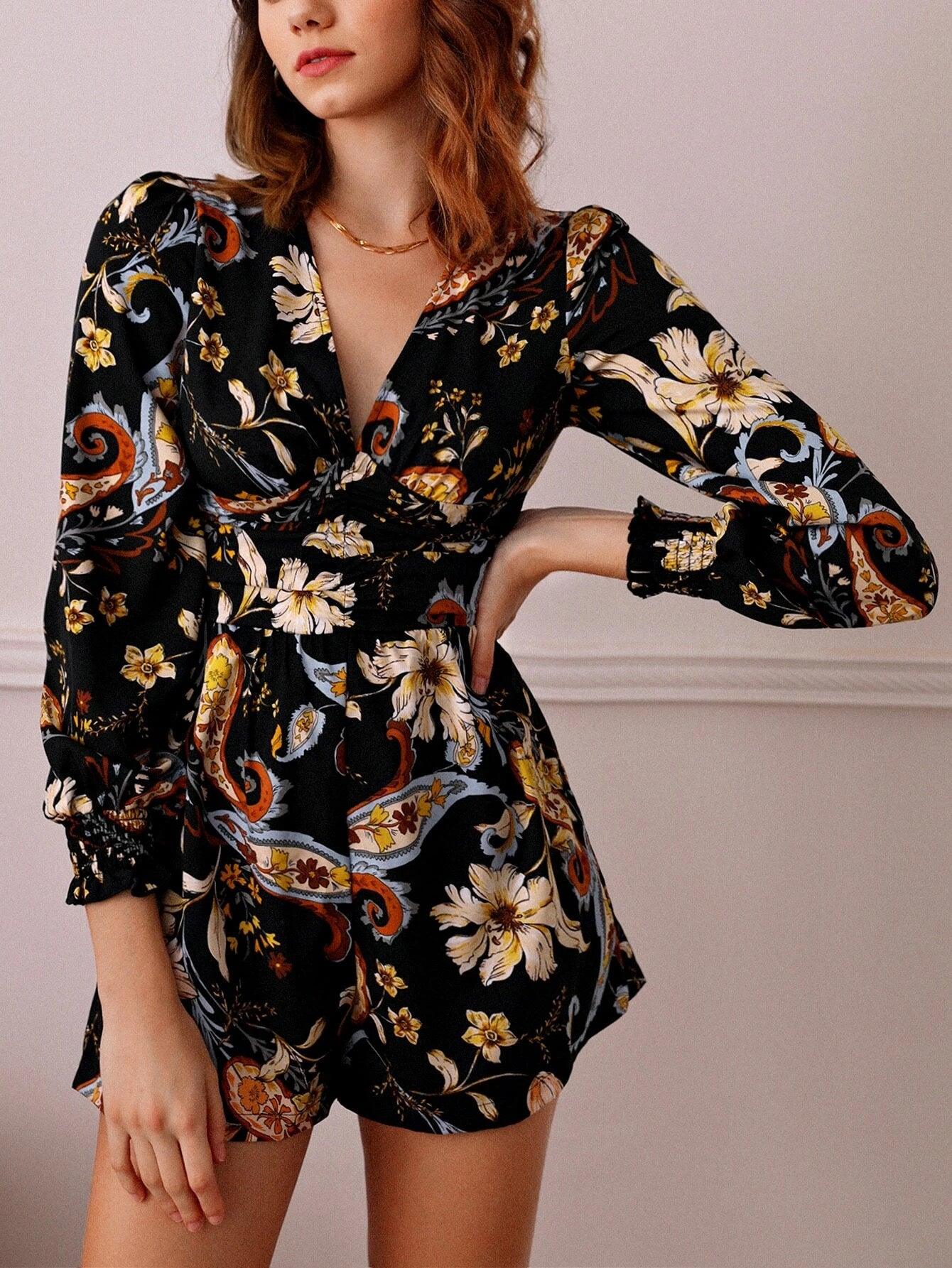 Floral Print Bishop Sleeve Romper-Comfy Jumpsuits