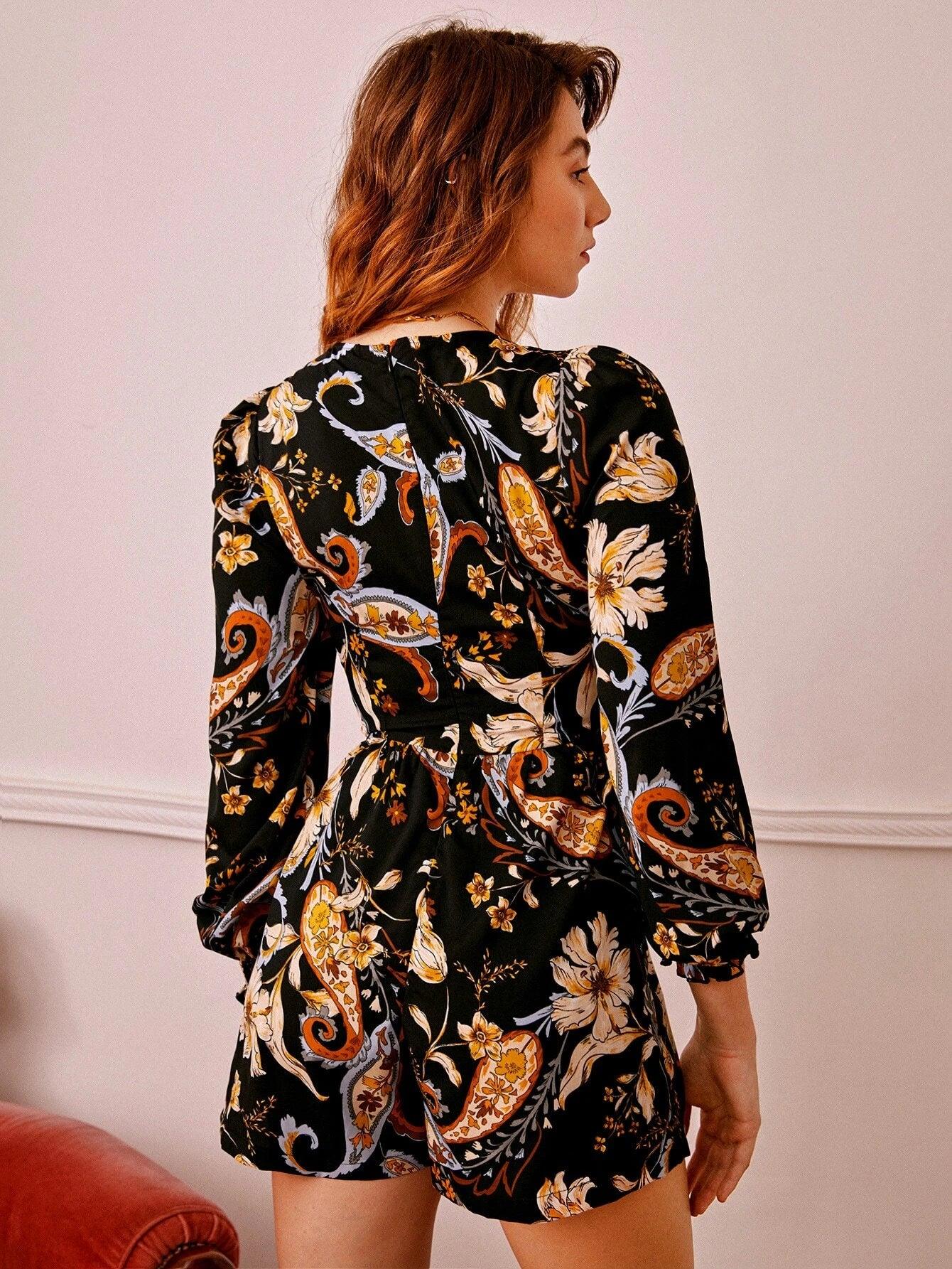 Floral Print Bishop Sleeve Romper-Comfy Jumpsuits