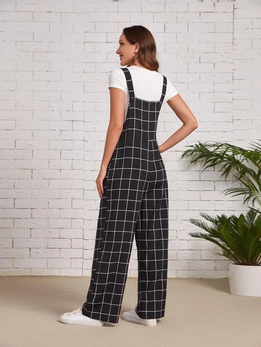 Flap Pocket Grid Overalls-Comfy Jumpsuits