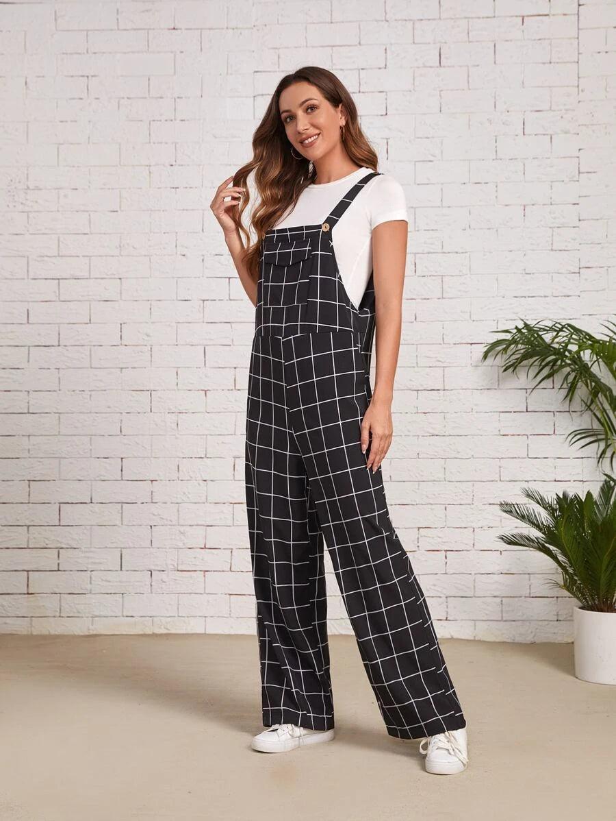 Flap Pocket Grid Overalls-Comfy Jumpsuits