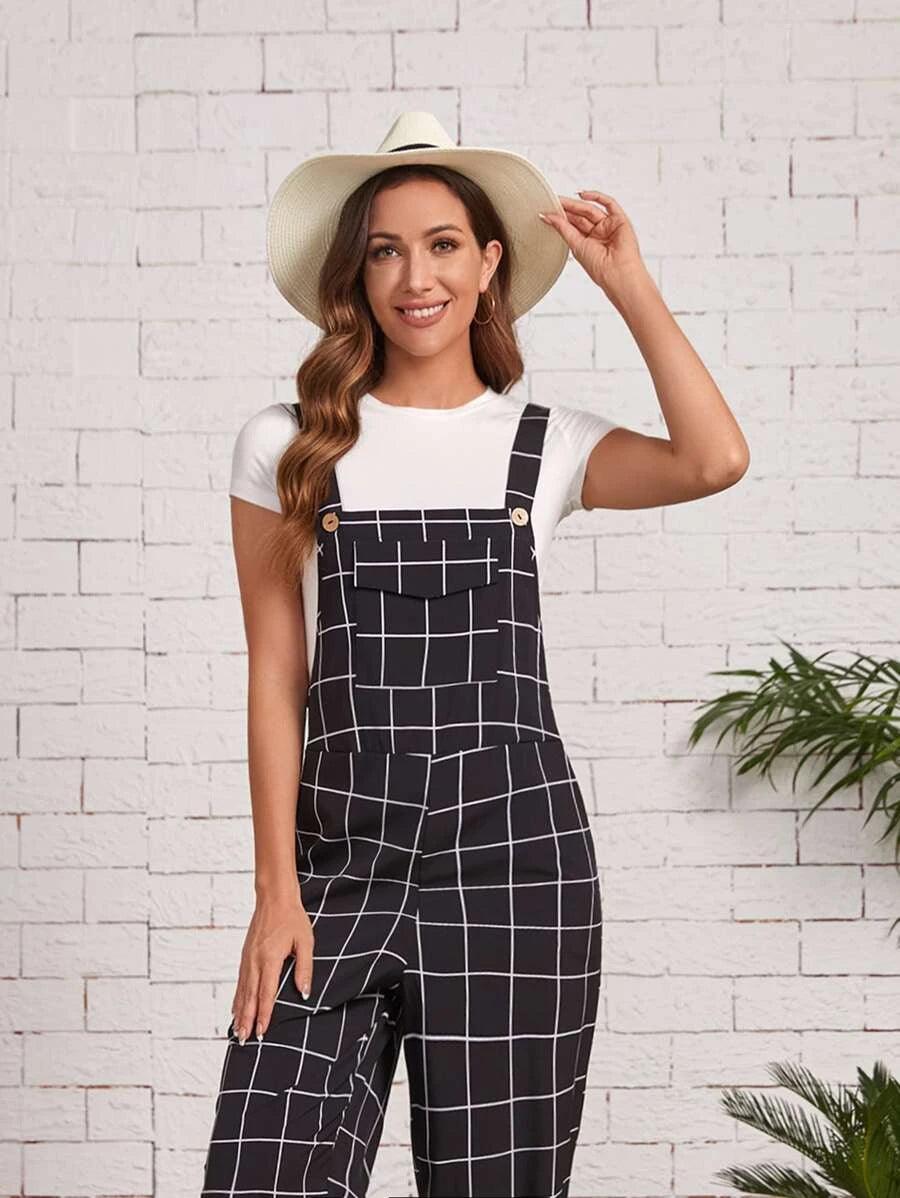 Flap Pocket Grid Overalls-Comfy Jumpsuits