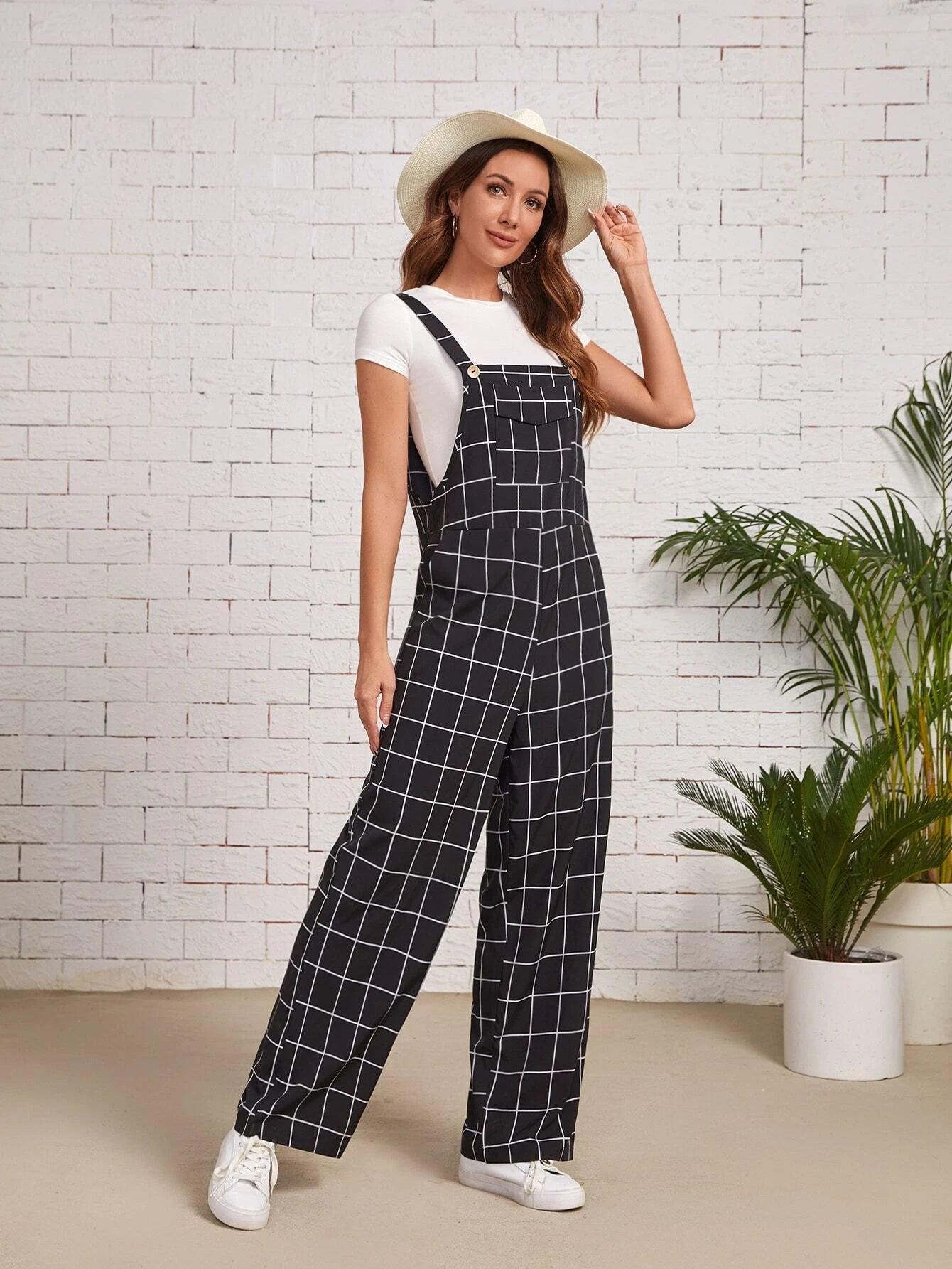 Flap Pocket Grid Overalls-Comfy Jumpsuits