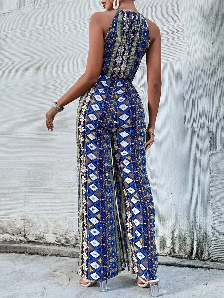 Geo Print Tie Back Wide Leg Jumpsuit-Comfy Jumpsuits