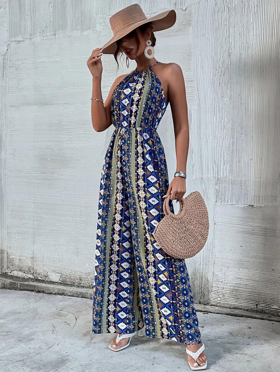 Geo Print Tie Back Wide Leg Jumpsuit-Comfy Jumpsuits
