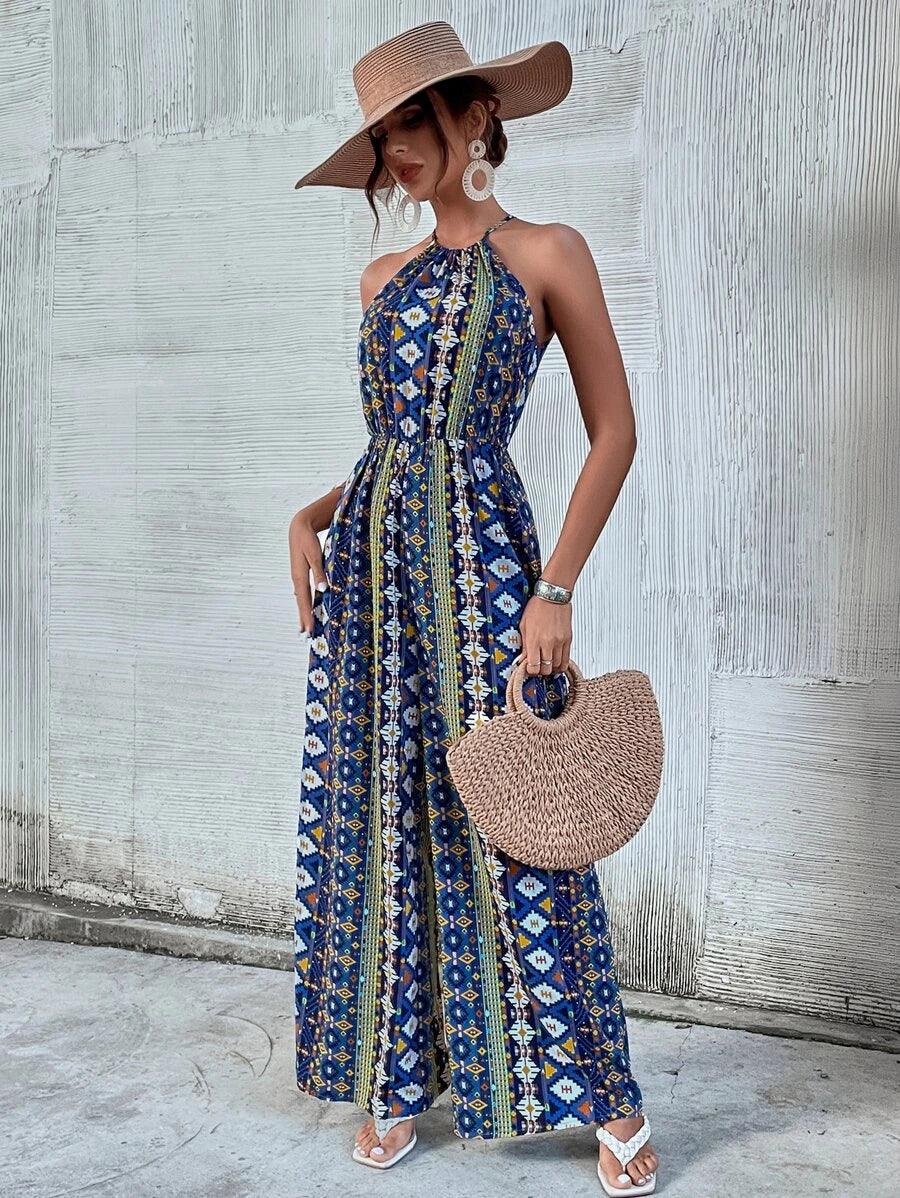 Geo Print Tie Back Wide Leg Jumpsuit-Comfy Jumpsuits