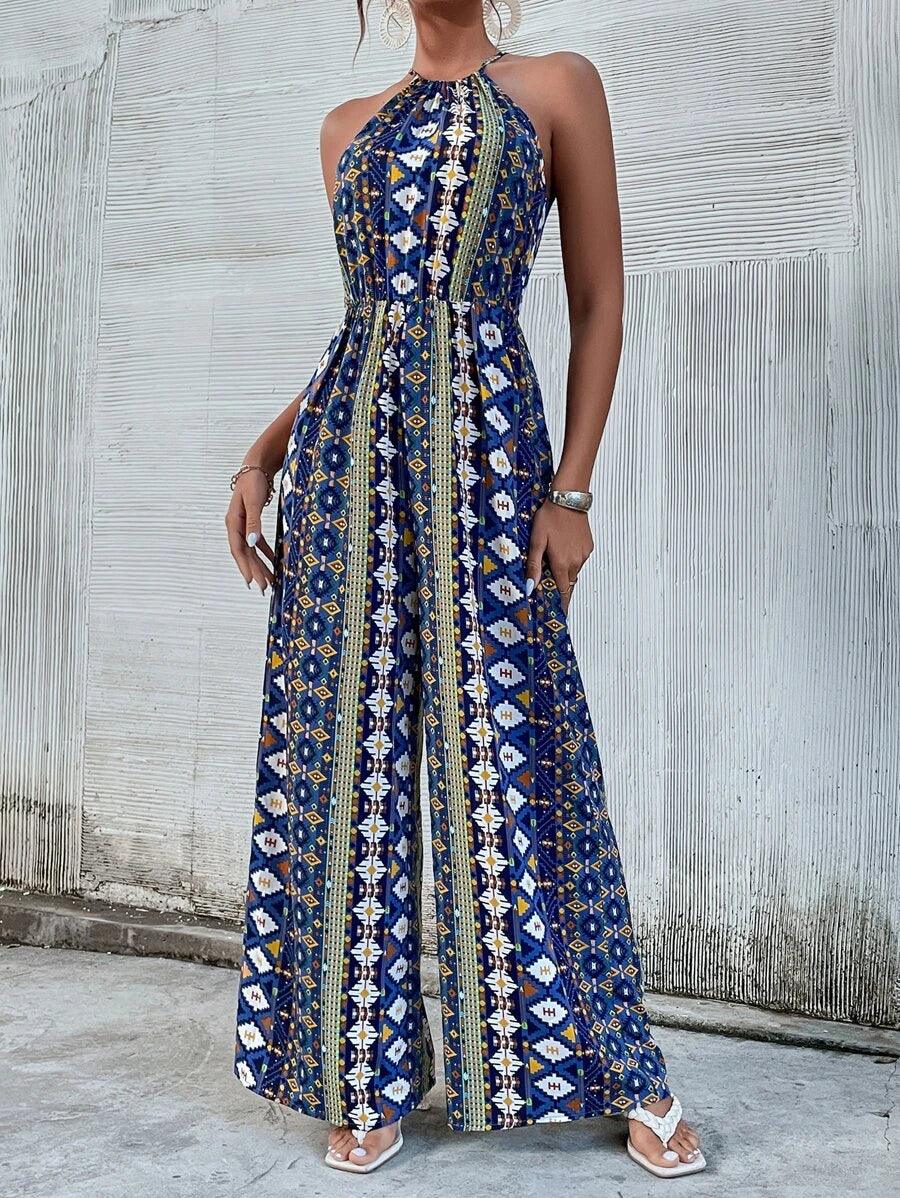 Geo Print Tie Back Wide Leg Jumpsuit-Comfy Jumpsuits