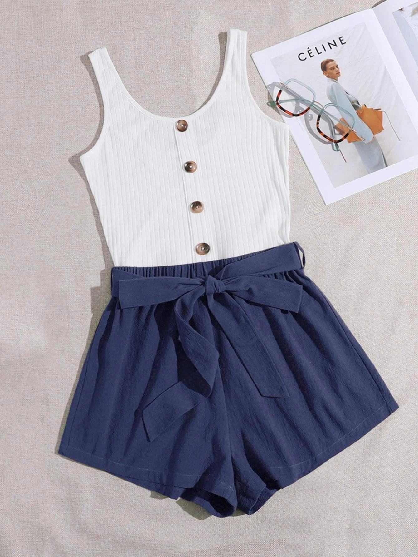 Button Front Belted Combo Tank Romper-Comfy Jumpsuits