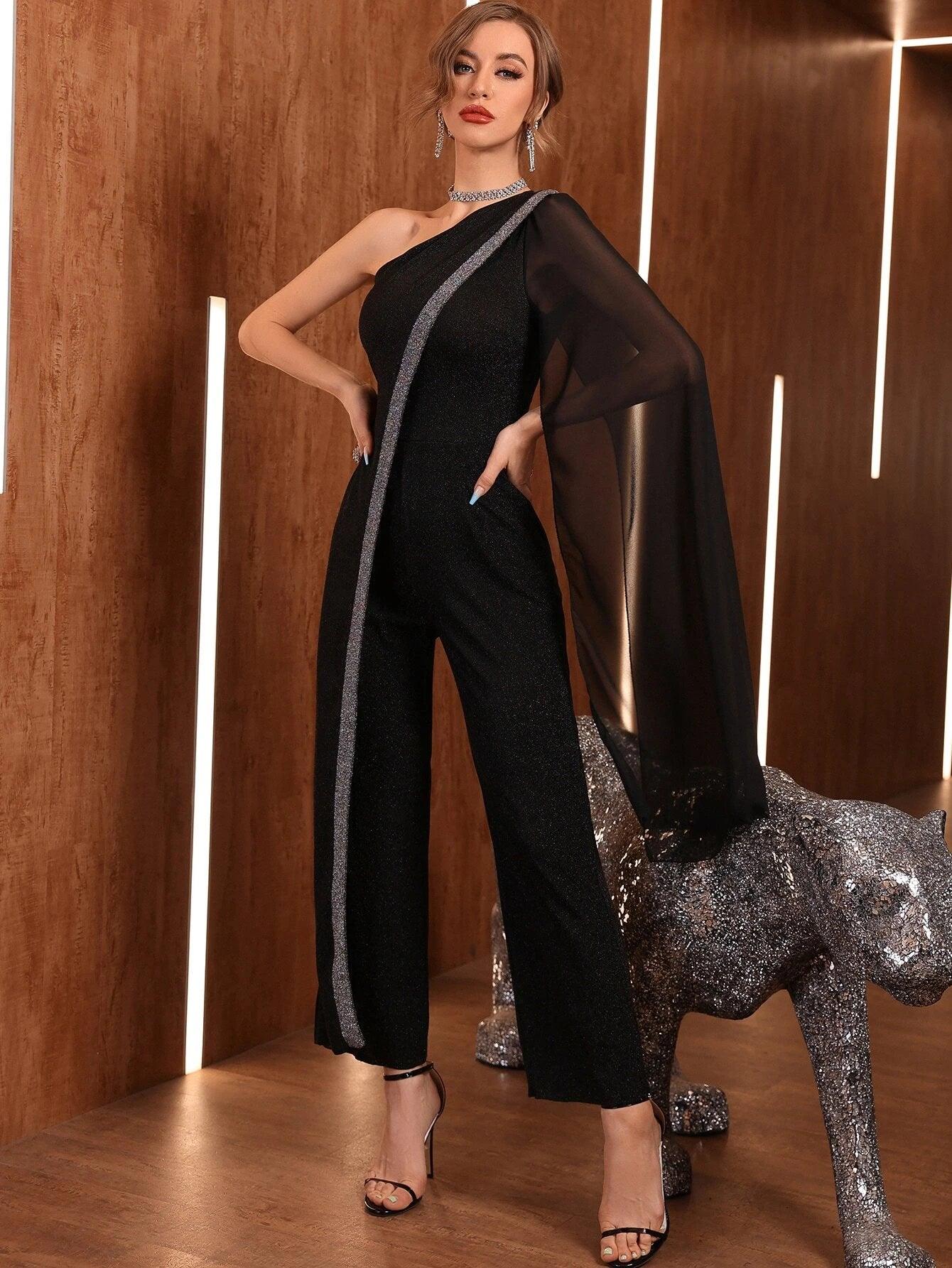 One Shoulder Contrast Mesh Slit Sleeve Glitter Jumpsuit-Comfy Jumpsuits