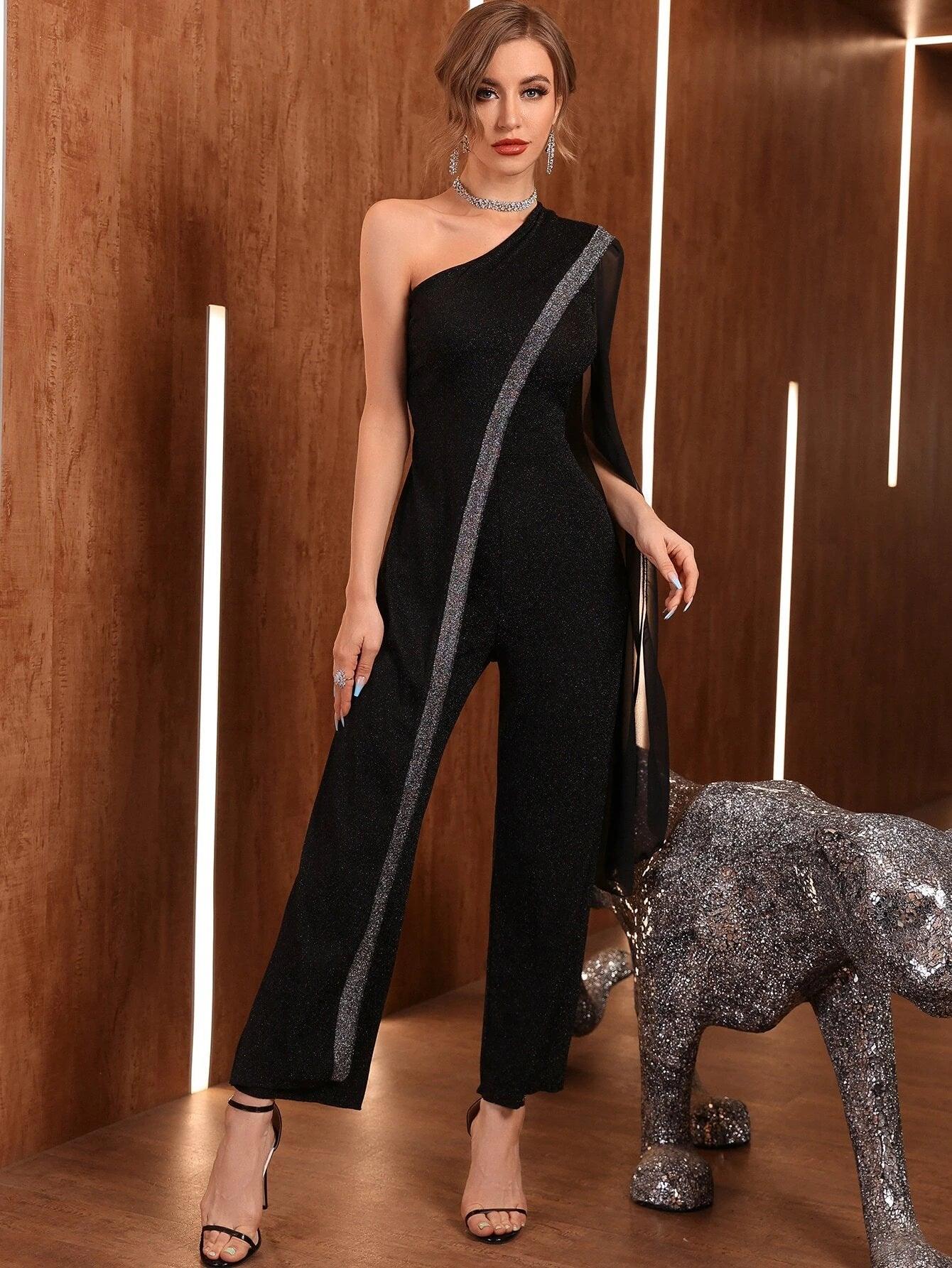 One Shoulder Contrast Mesh Slit Sleeve Glitter Jumpsuit-Comfy Jumpsuits