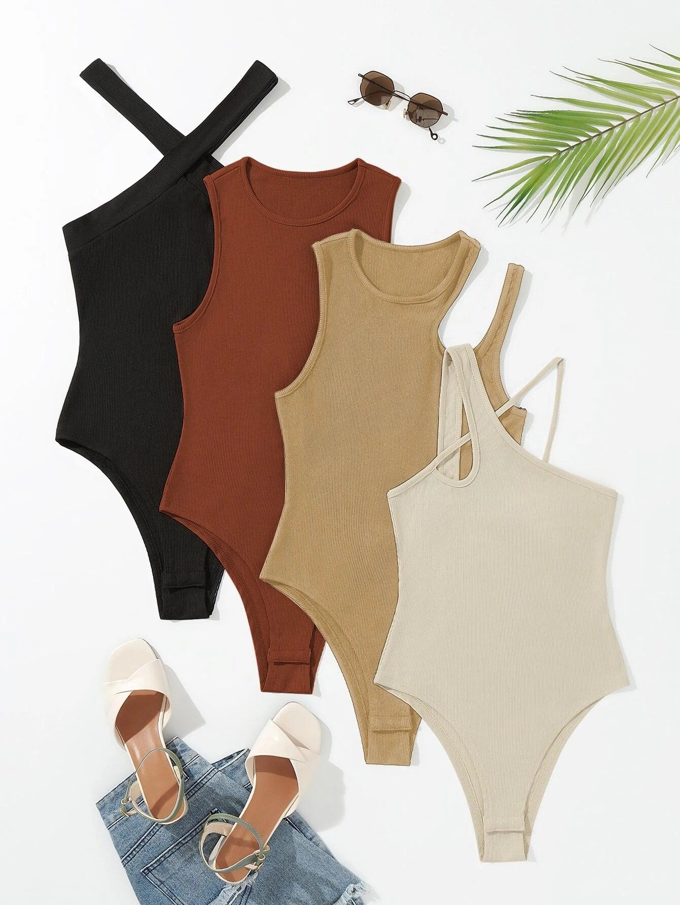 4 Pieces Asymmetrical Neck Cut Out Bodysuit-Comfy Jumpsuits