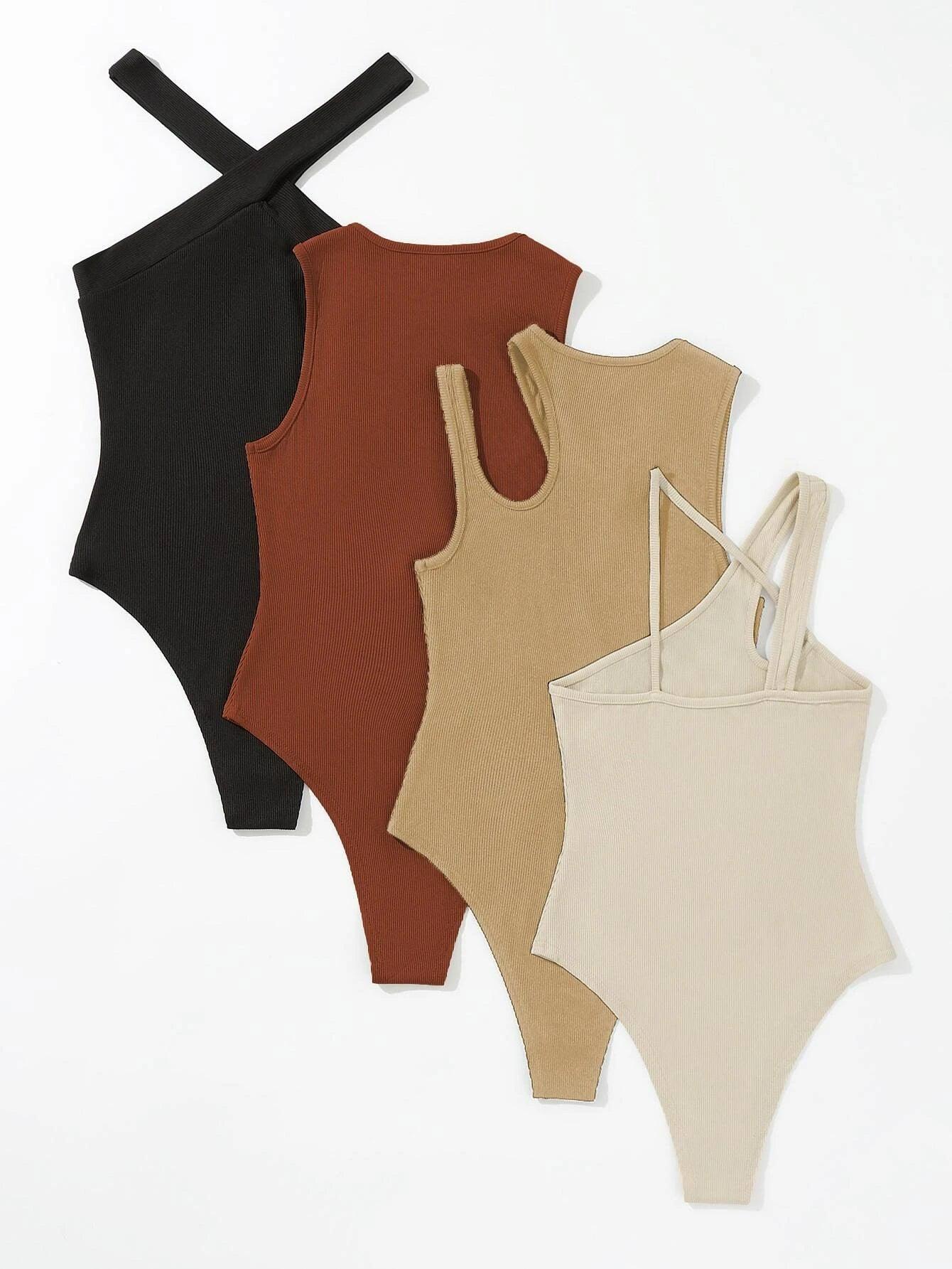 4 Pieces Asymmetrical Neck Cut Out Bodysuit-Comfy Jumpsuits