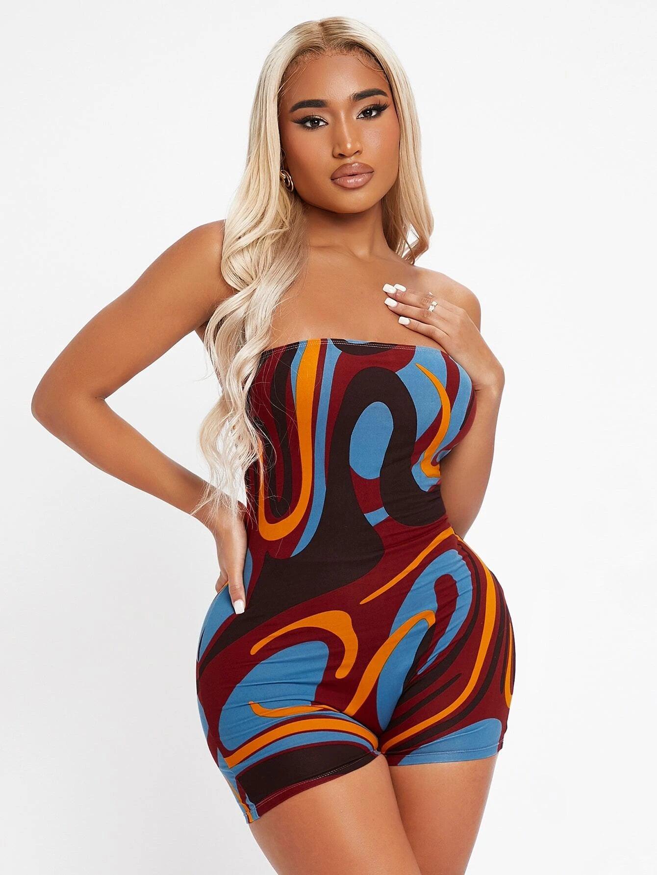 Allover Print Tube Unitard Romper-Comfy Jumpsuits