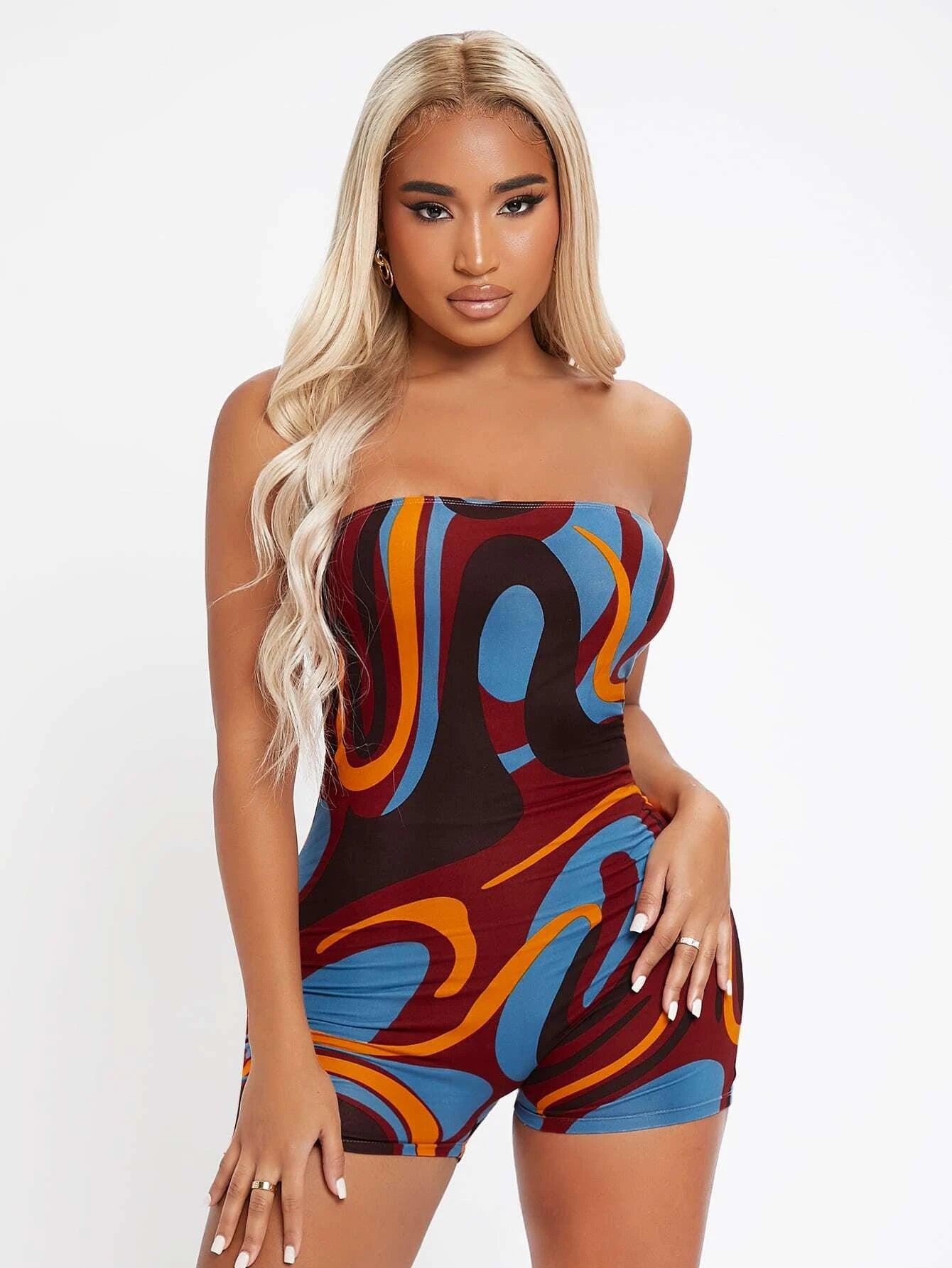 Allover Print Tube Unitard Romper-Comfy Jumpsuits