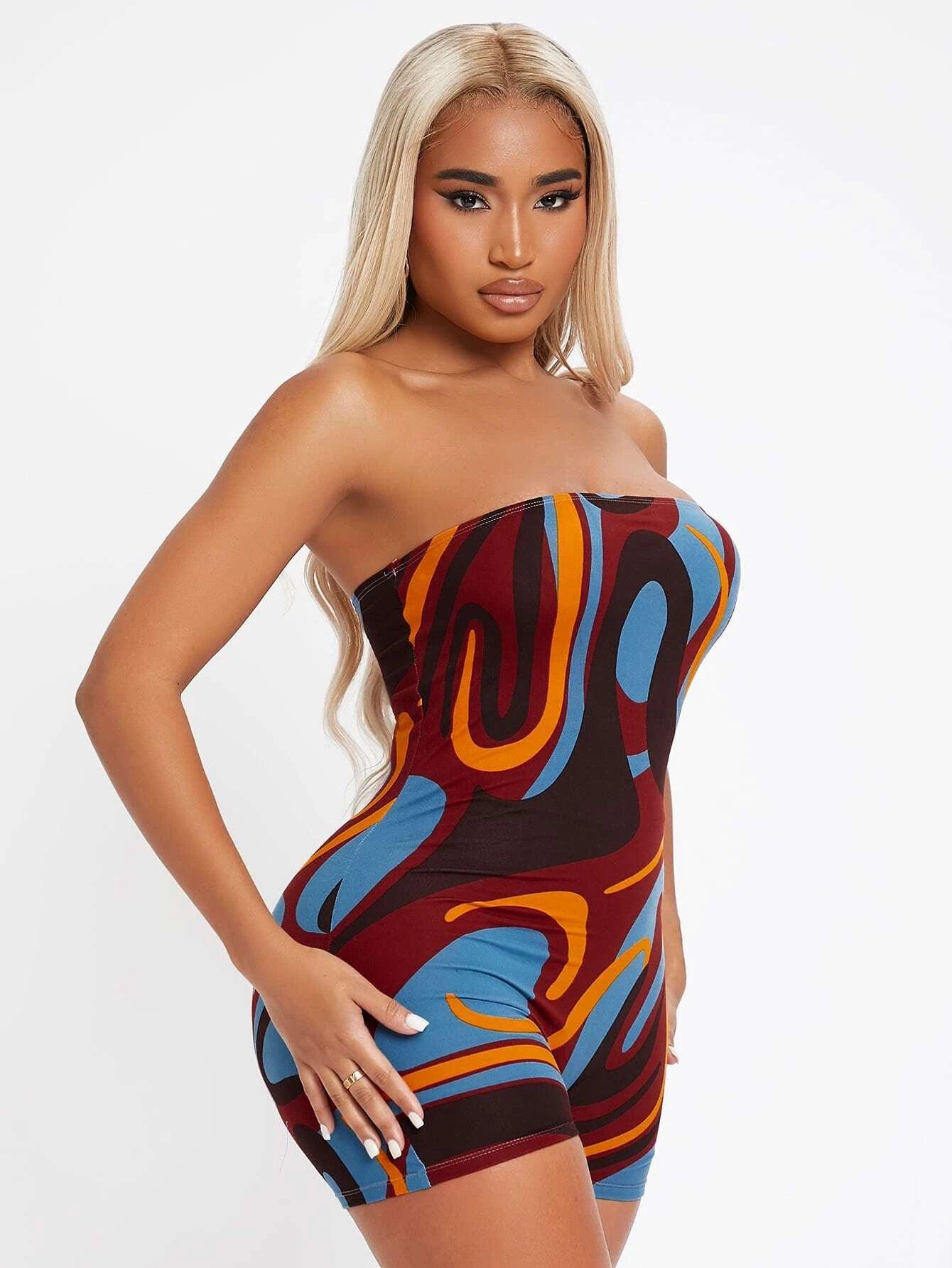 Allover Print Tube Unitard Romper-Comfy Jumpsuits