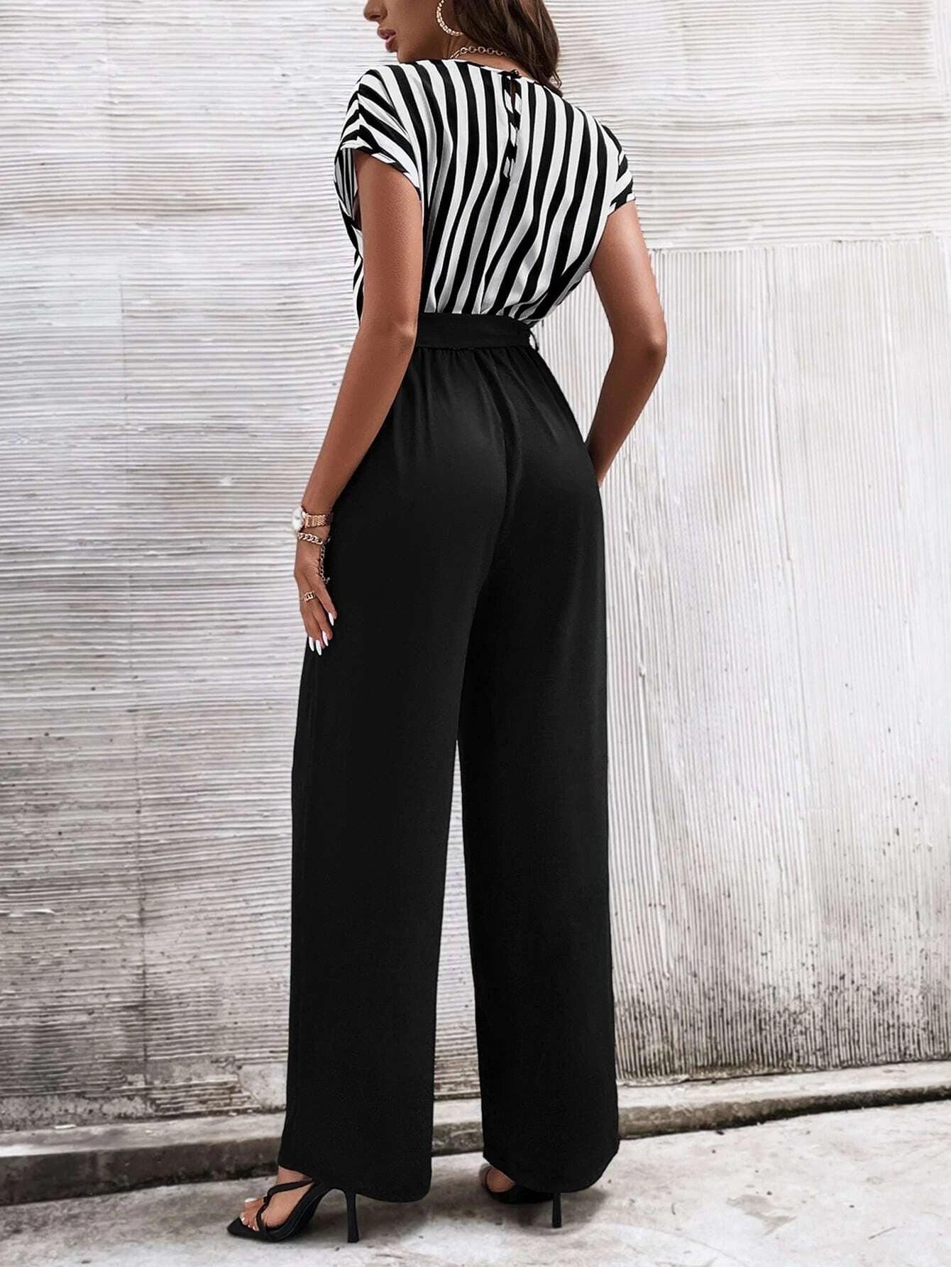 Vertical Striped Print Belted Jumpsuit-Comfy Jumpsuits