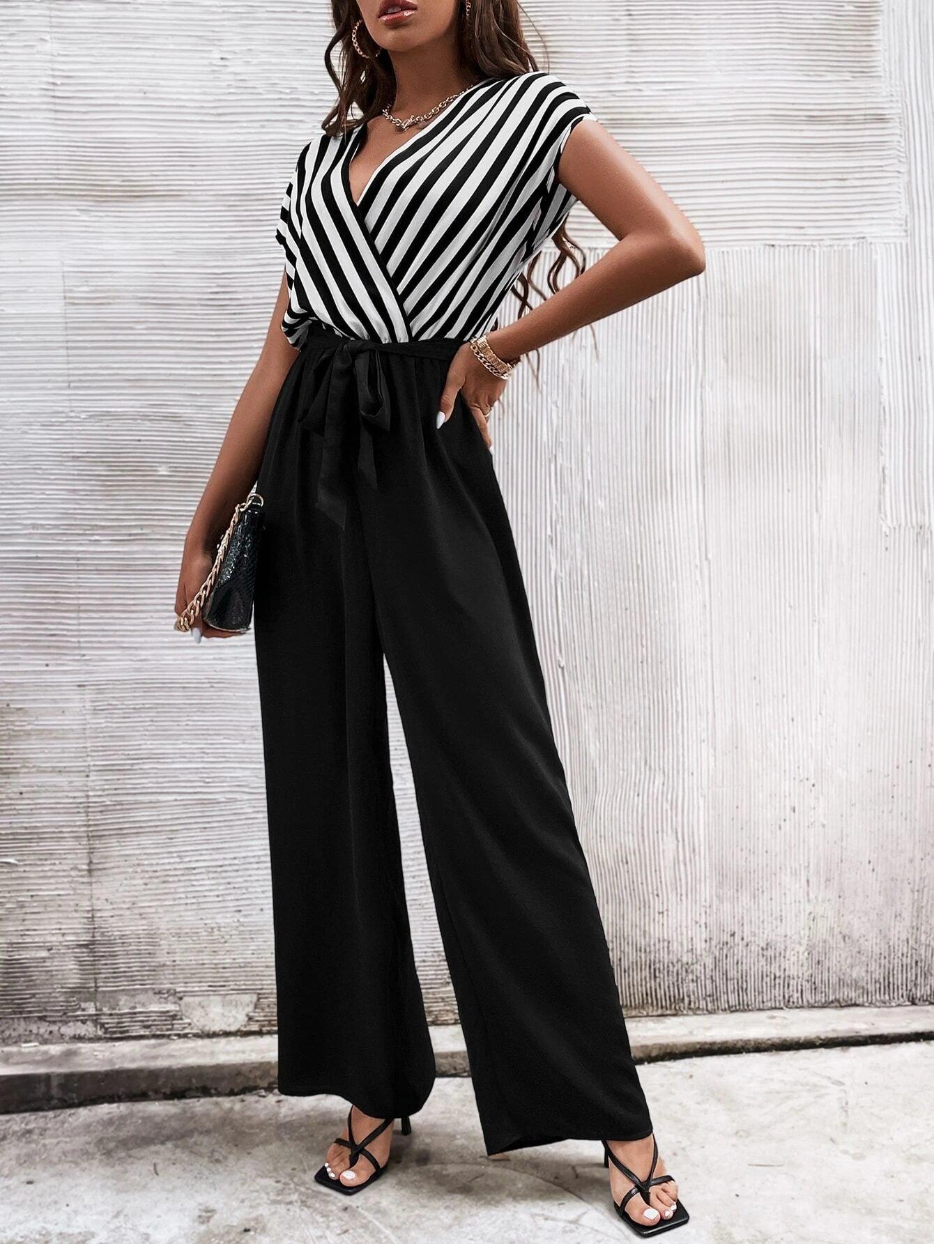 Vertical Striped Print Belted Jumpsuit-Comfy Jumpsuits