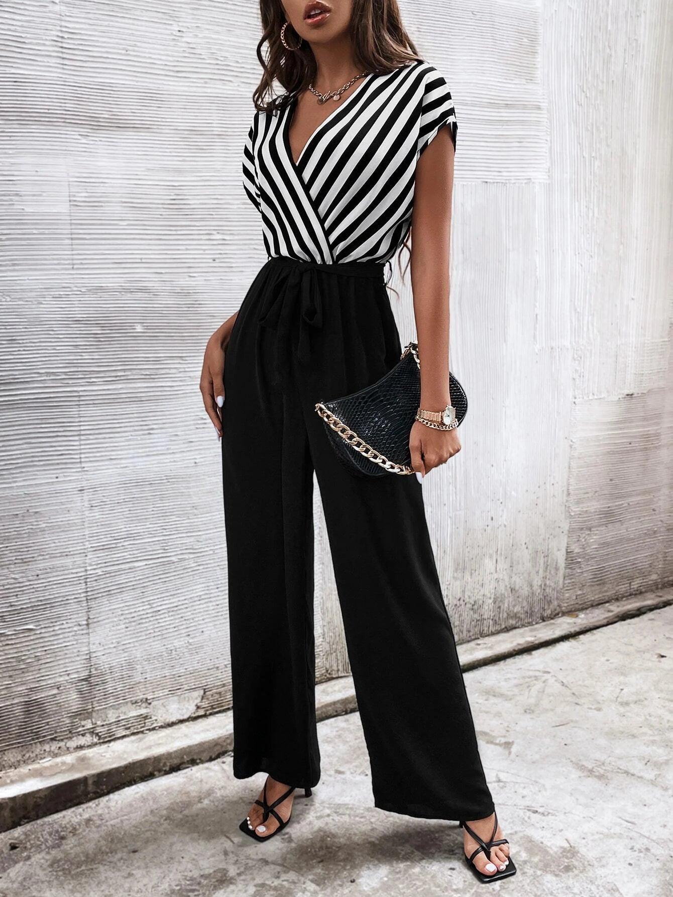Vertical Striped Print Belted Jumpsuit-Comfy Jumpsuits