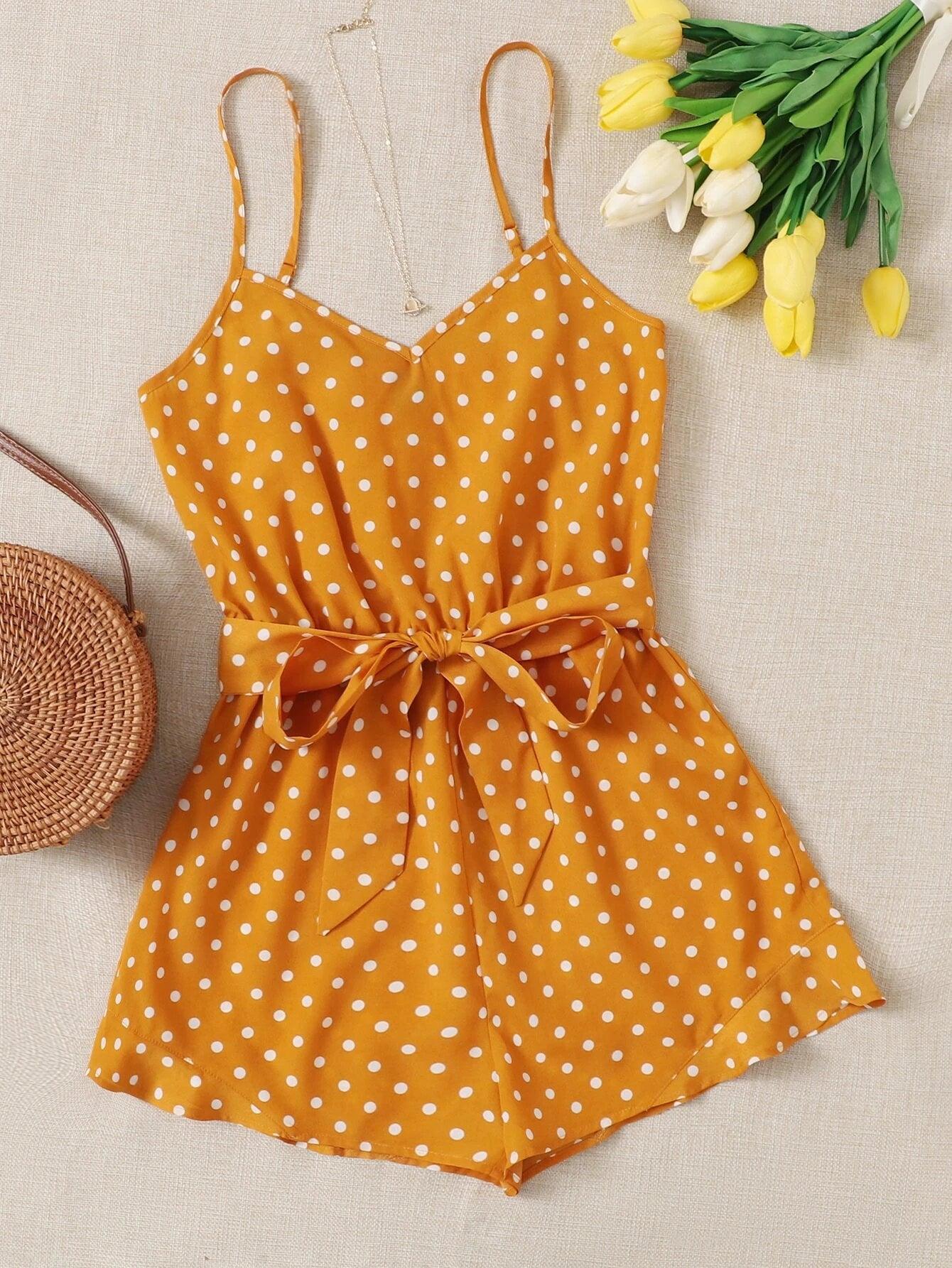Belted Polka Dot Cami Romper-Comfy Jumpsuits