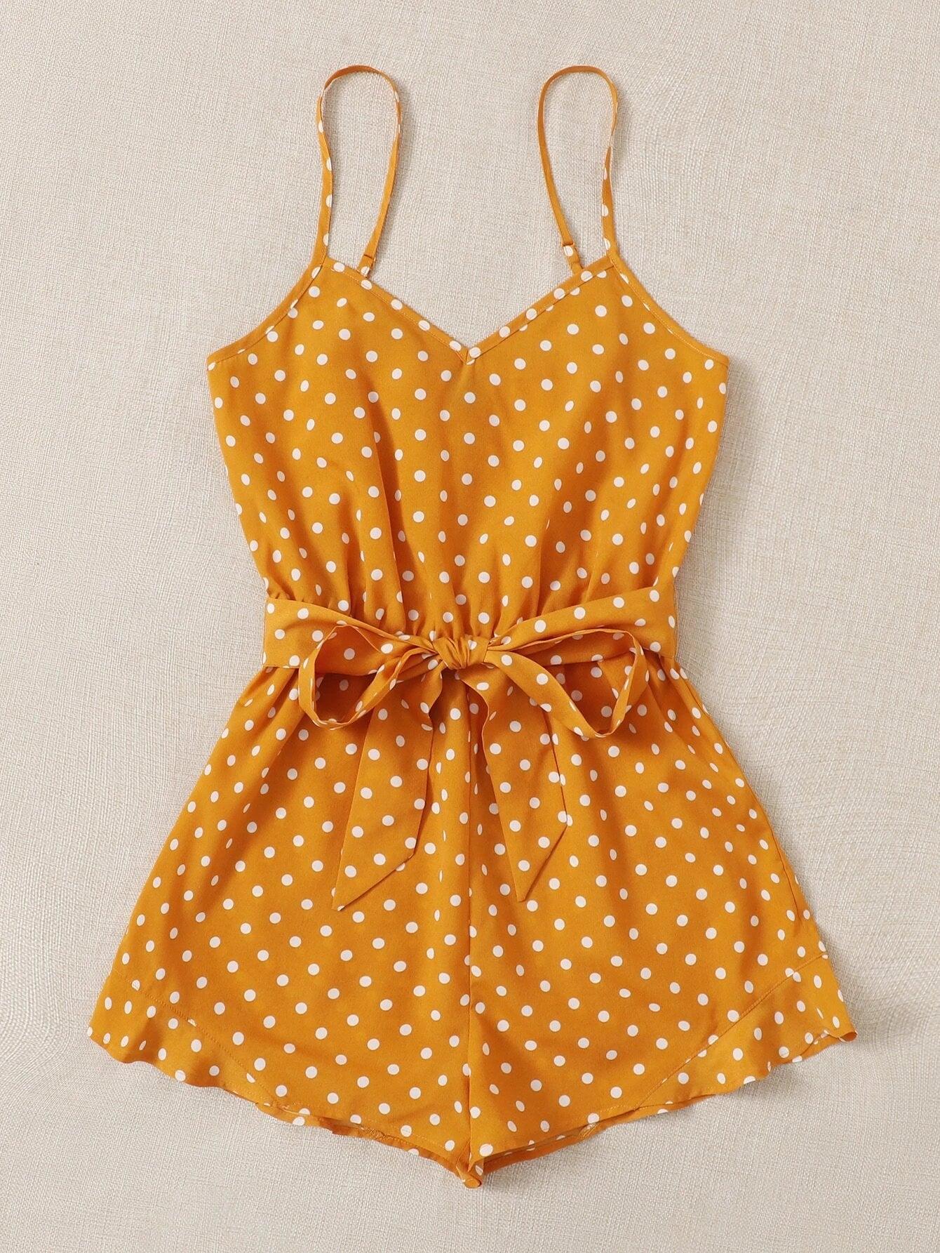 Belted Polka Dot Cami Romper-Comfy Jumpsuits