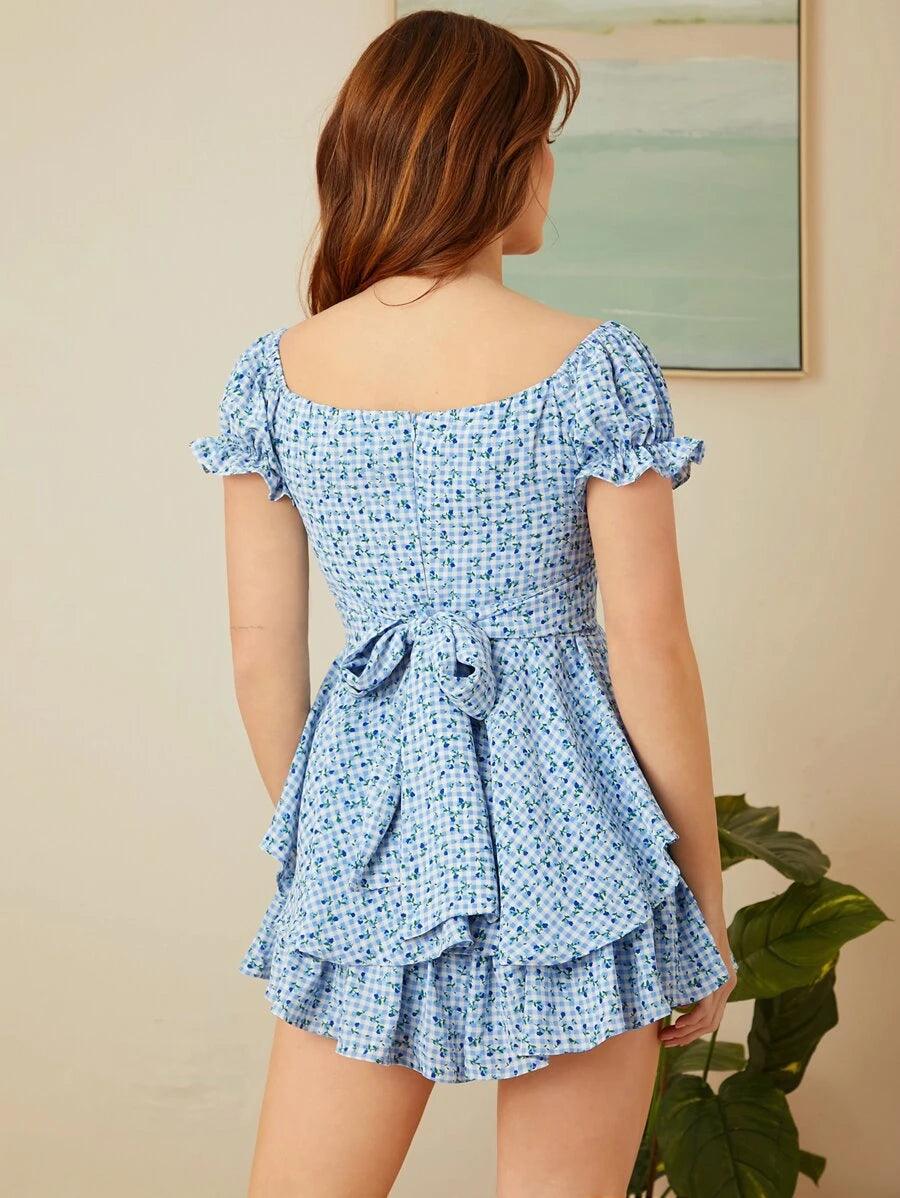 Floral Print Fold Pleated Hem Romper-Comfy Jumpsuits