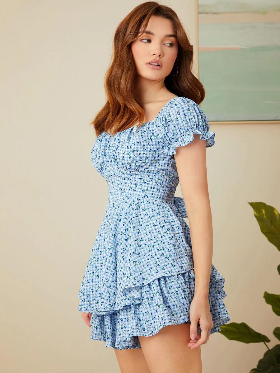 Floral Print Fold Pleated Hem Romper-Comfy Jumpsuits