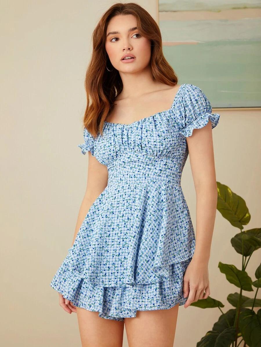 Floral Print Fold Pleated Hem Romper-Comfy Jumpsuits