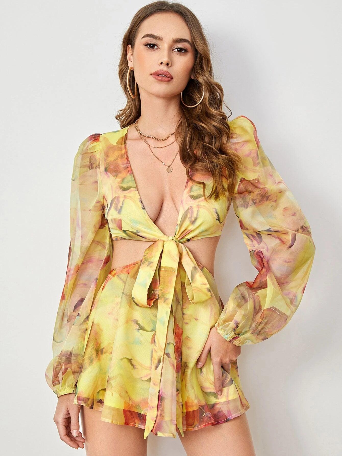 Sleeve Knot Waist Chiffon Romper-Comfy Jumpsuits
