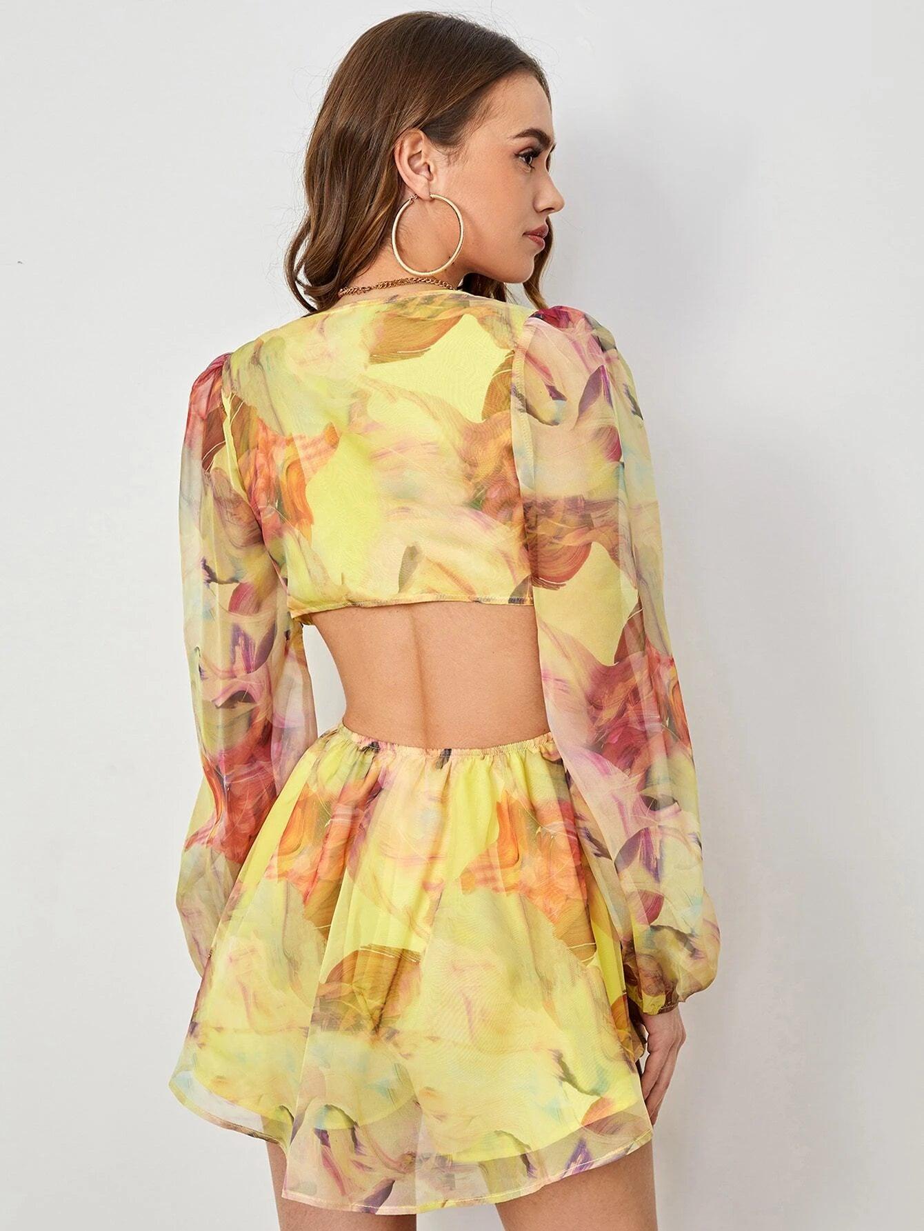 Sleeve Knot Waist Chiffon Romper-Comfy Jumpsuits