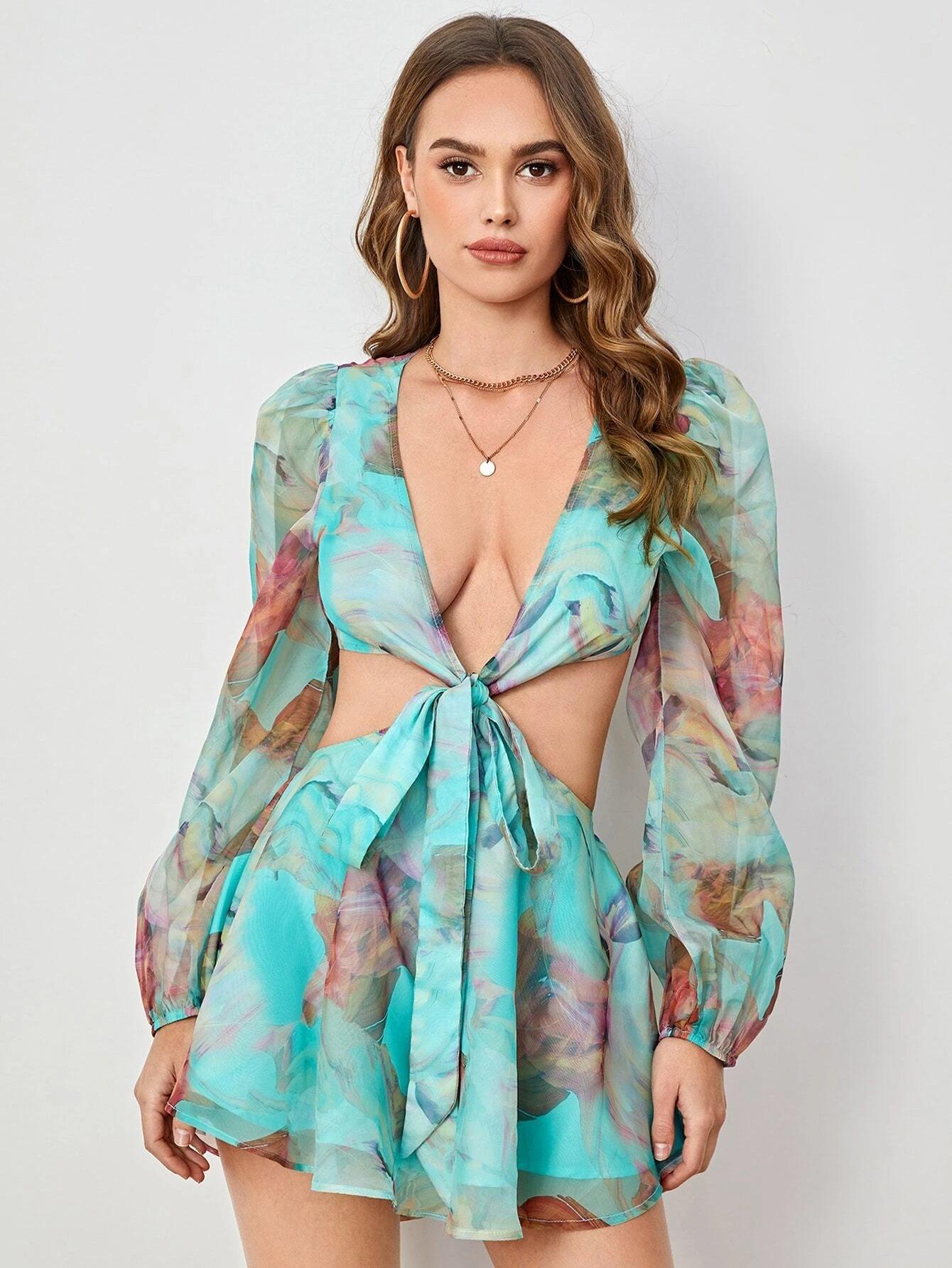 Sleeve Knot Waist Chiffon Romper-Comfy Jumpsuits