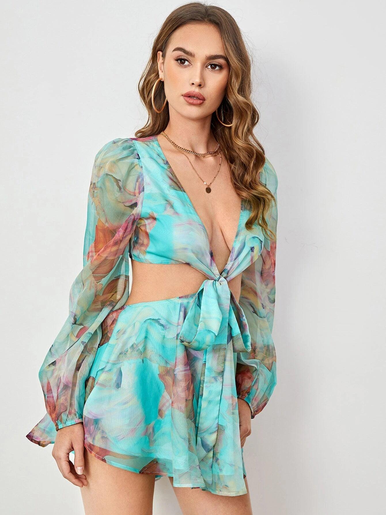 Sleeve Knot Waist Chiffon Romper-Comfy Jumpsuits