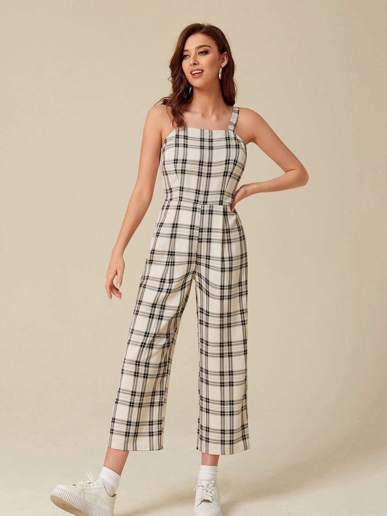 Plaid Sleeveless Cami Jumpsuit-Comfy Jumpsuits