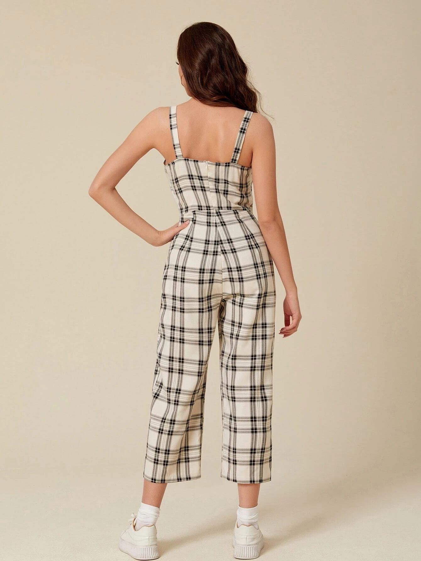 Plaid Sleeveless Cami Jumpsuit-Comfy Jumpsuits