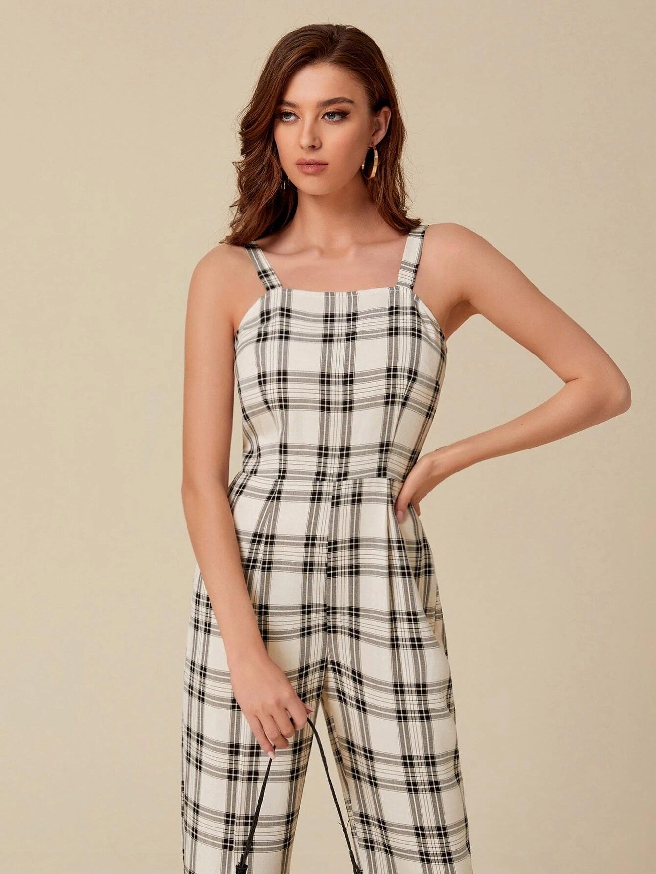Plaid Sleeveless Cami Jumpsuit-Comfy Jumpsuits