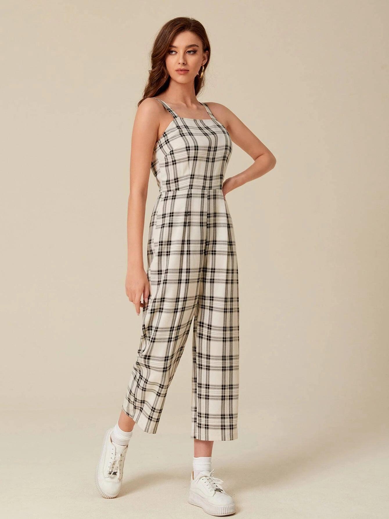 Plaid Sleeveless Cami Jumpsuit-Comfy Jumpsuits