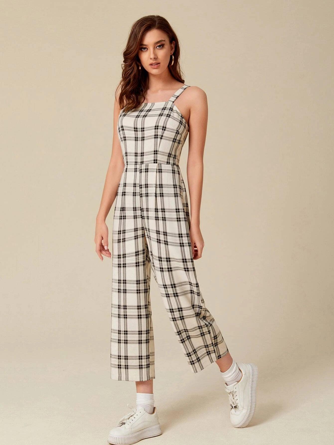 Plaid Sleeveless Cami Jumpsuit-Comfy Jumpsuits