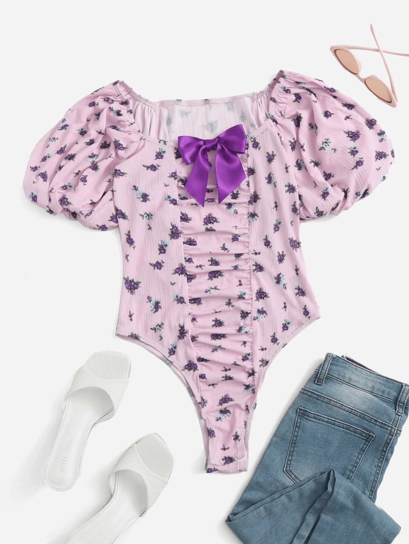 Floral Print Puff Sleeve Bow Front Bodysuit-Comfy Jumpsuits