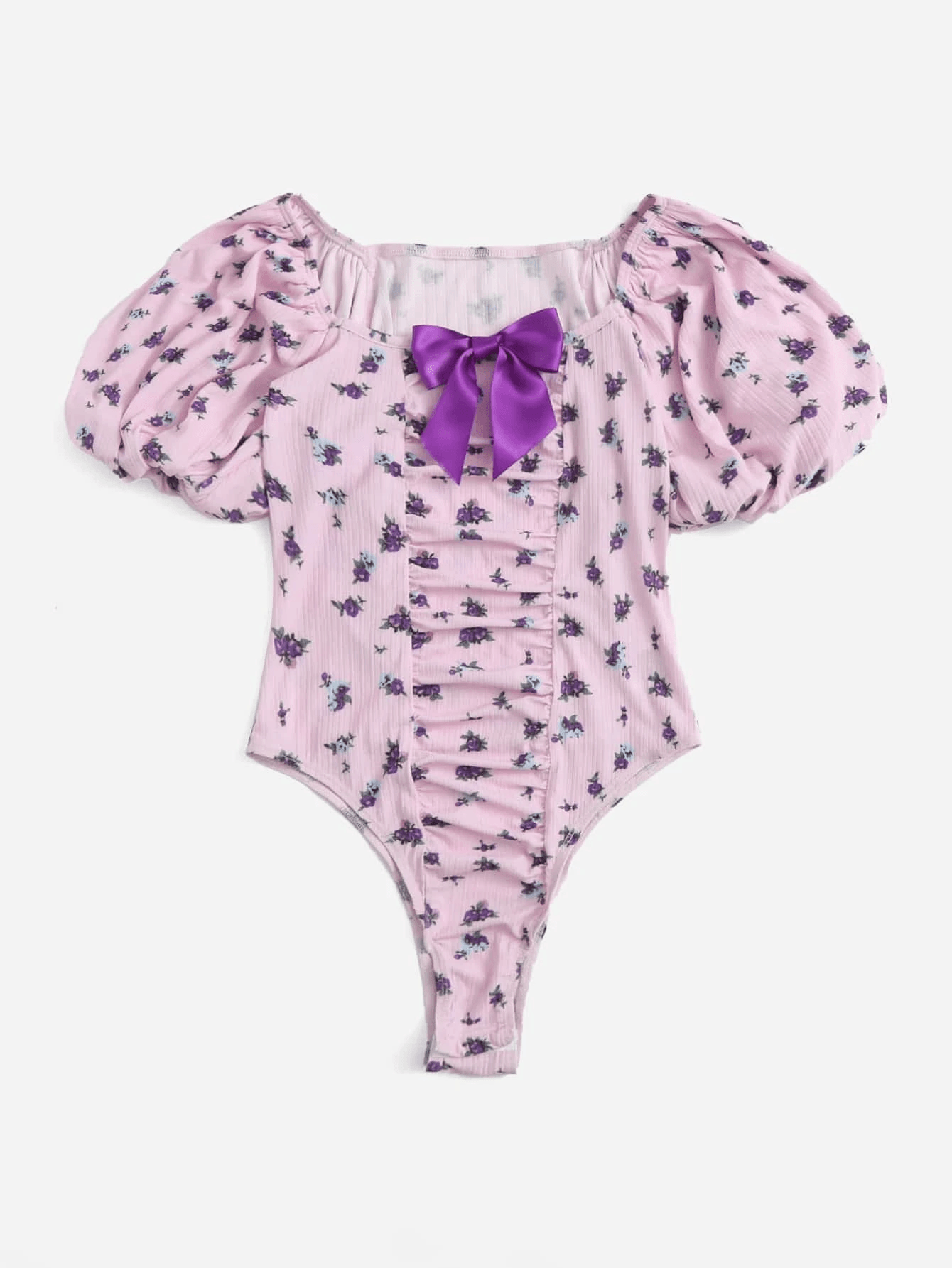 Floral Print Puff Sleeve Bow Front Bodysuit-Comfy Jumpsuits