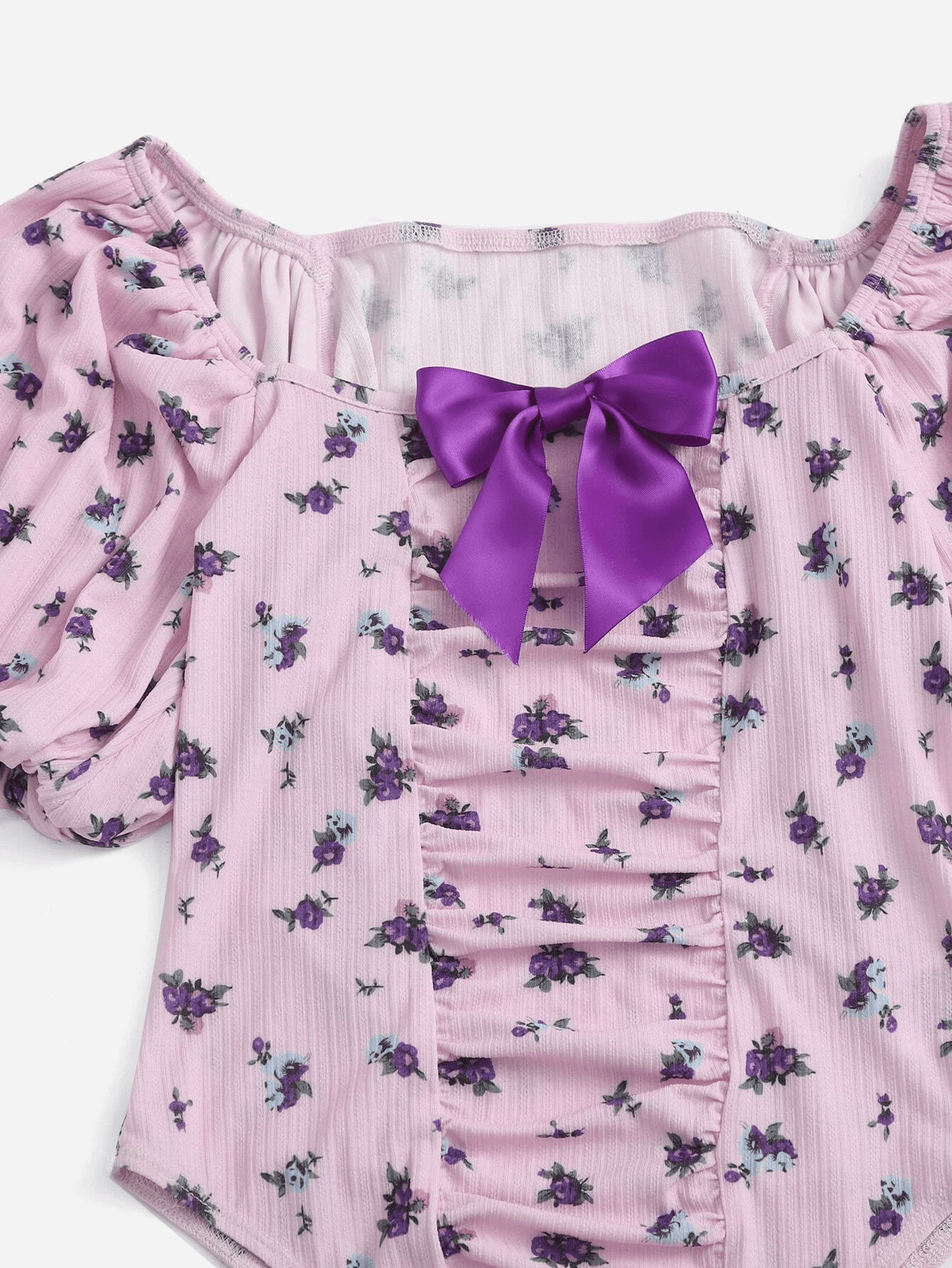 Floral Print Puff Sleeve Bow Front Bodysuit-Comfy Jumpsuits