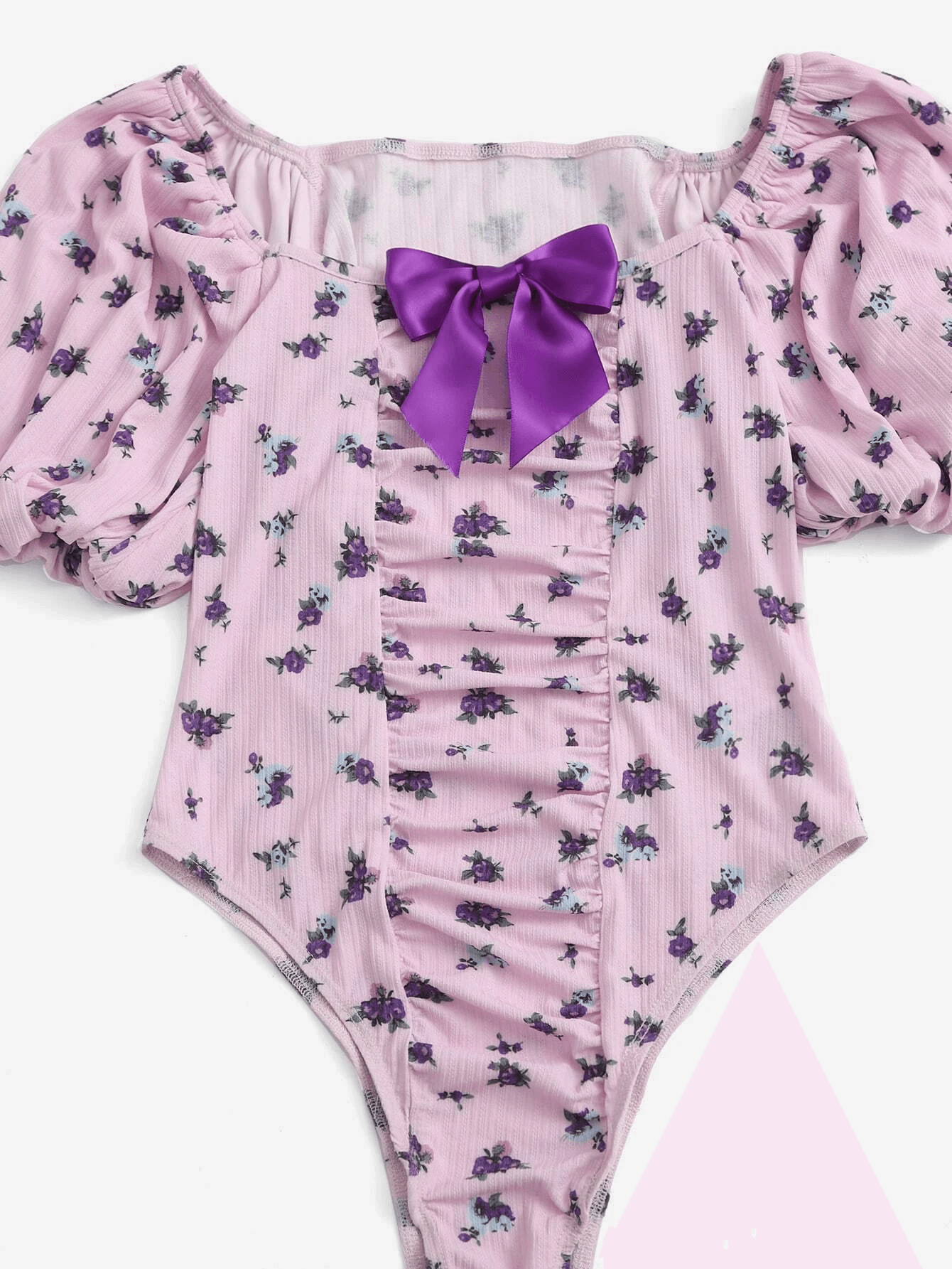 Floral Print Puff Sleeve Bow Front Bodysuit-Comfy Jumpsuits