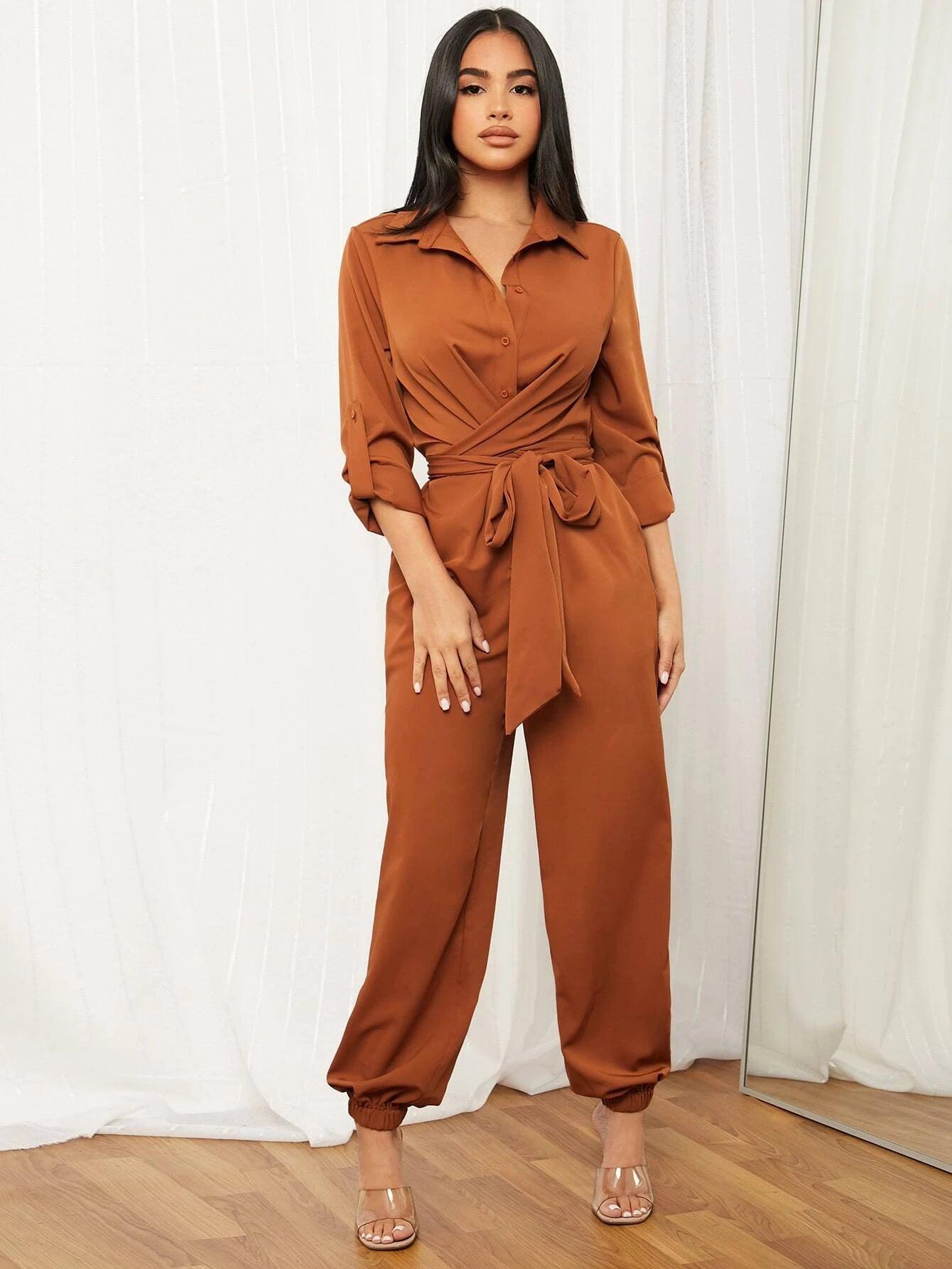 Rolled Tab Sleeve Shirt Jumpsuit-Comfy Jumpsuits