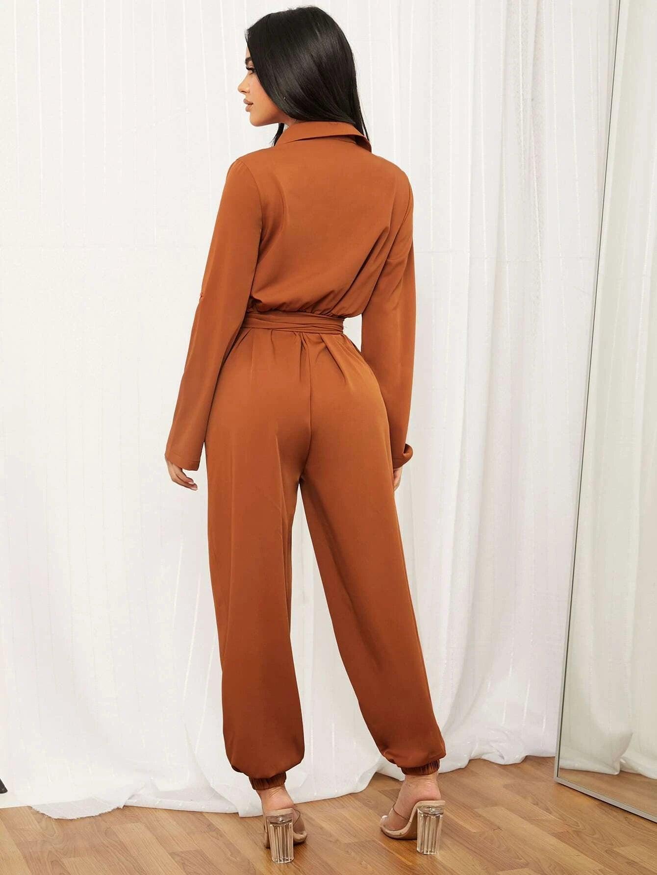 Rolled Tab Sleeve Shirt Jumpsuit-Comfy Jumpsuits