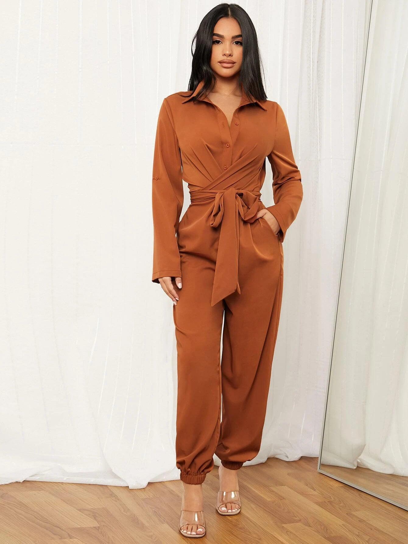 Rolled Tab Sleeve Shirt Jumpsuit-Comfy Jumpsuits
