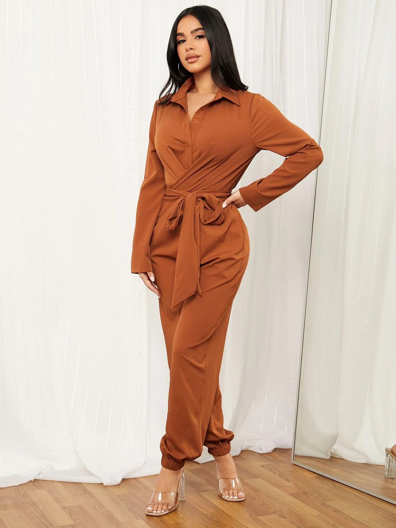 Rolled Tab Sleeve Shirt Jumpsuit-Comfy Jumpsuits