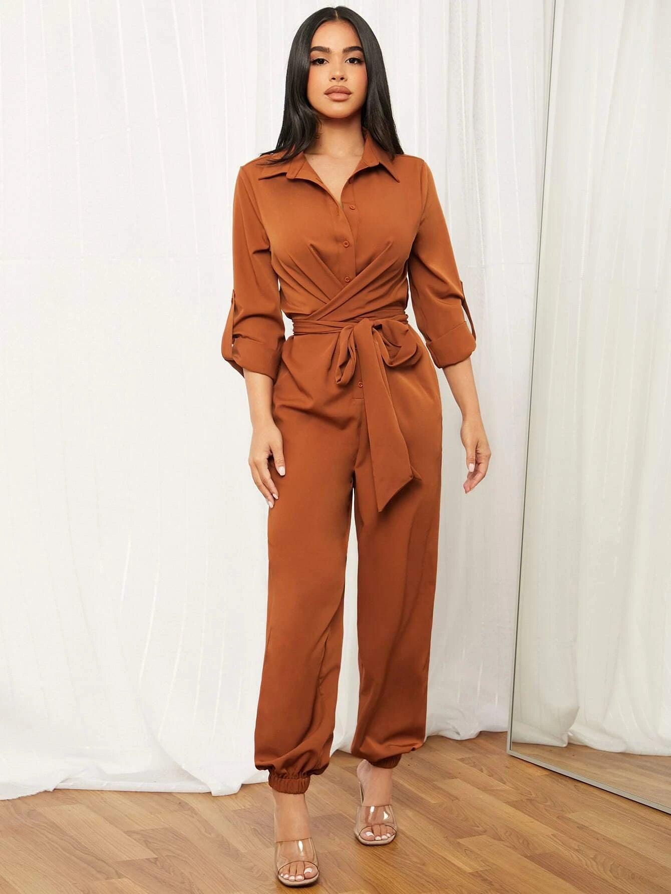 Rolled Tab Sleeve Shirt Jumpsuit-Comfy Jumpsuits