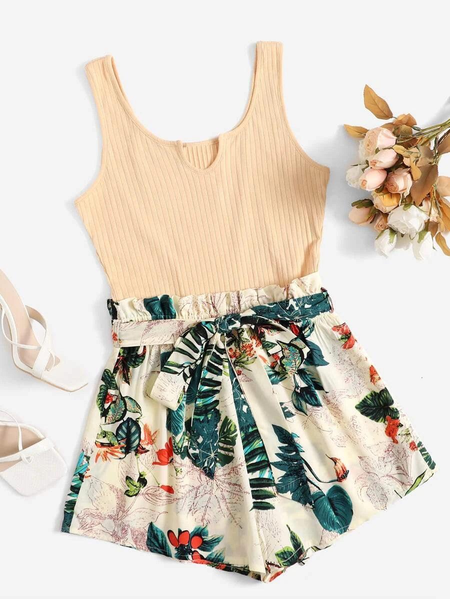 Tropical Print Paperbag Waist Belted Combo Tank Romper-Comfy Jumpsuits