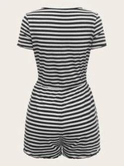 Striped Print Drawstring Waist Romper-Comfy Jumpsuits