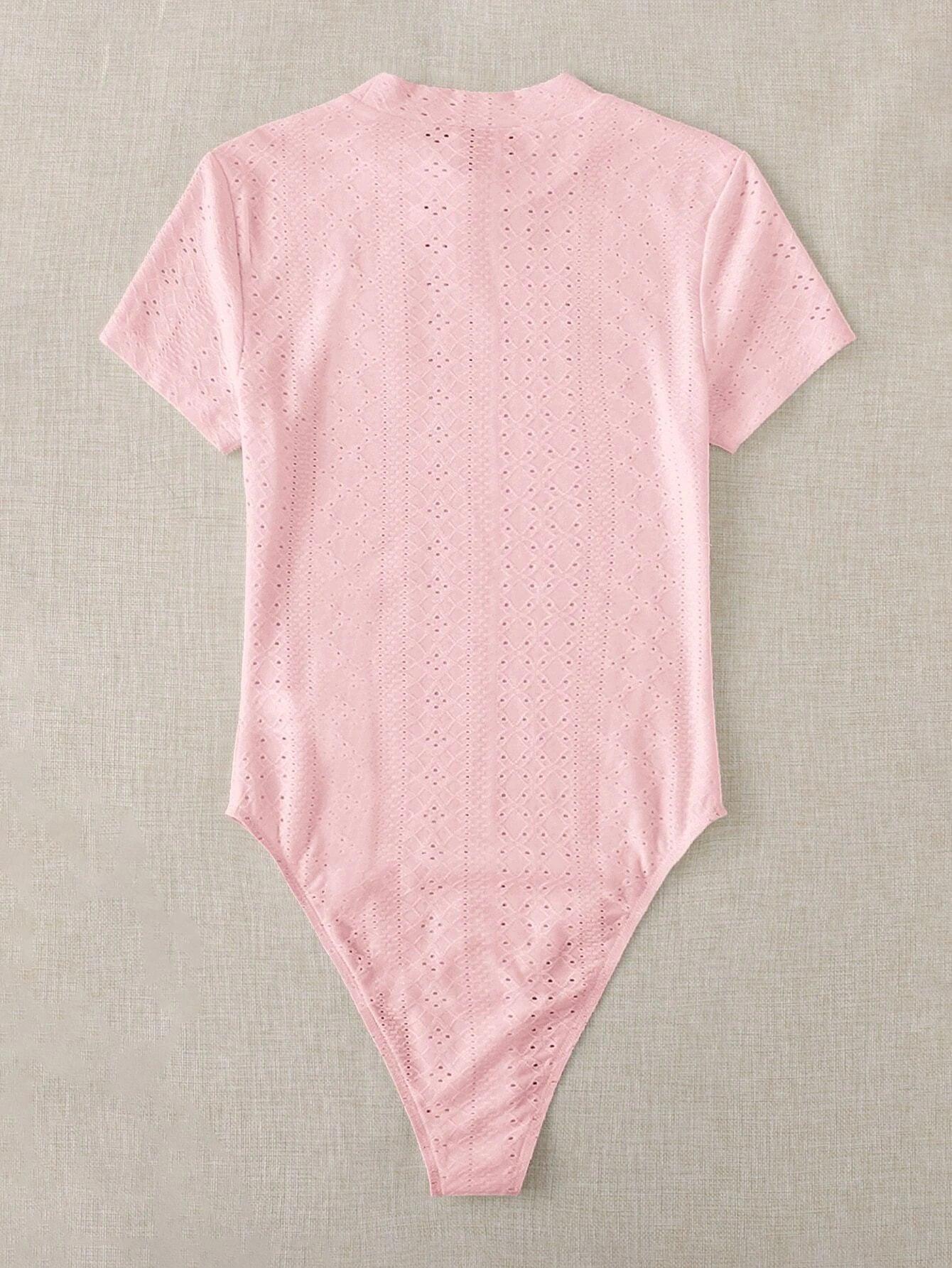 Mock Neck Eyelet Embroidery Bodysuit-Comfy Jumpsuits