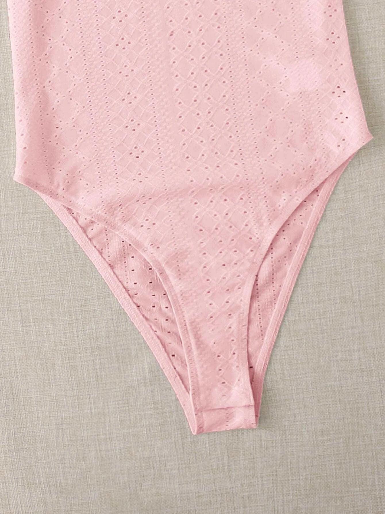 Mock Neck Eyelet Embroidery Bodysuit-Comfy Jumpsuits