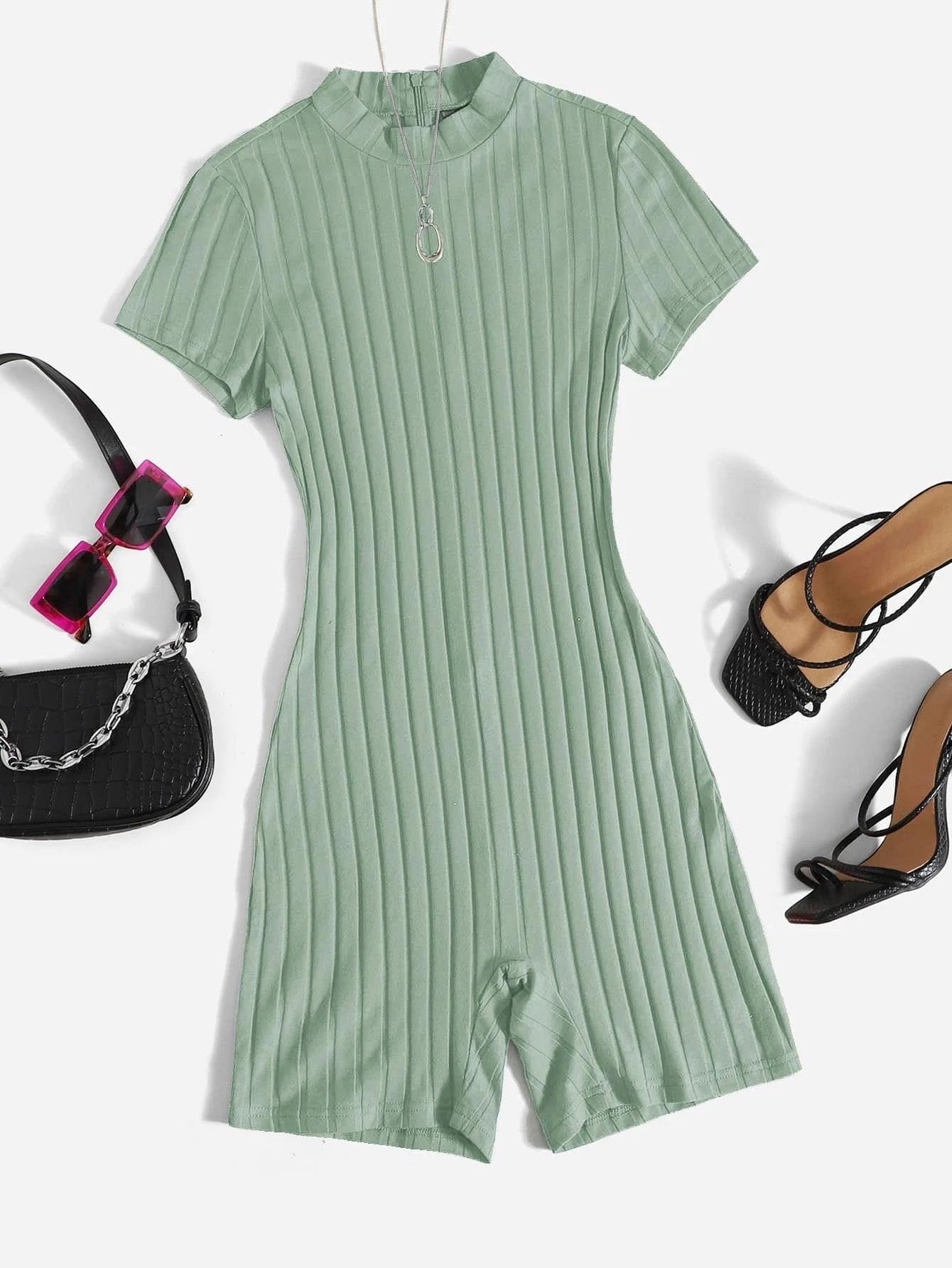 Mock Neck Rib-knit Unitard Romper-Comfy Jumpsuits